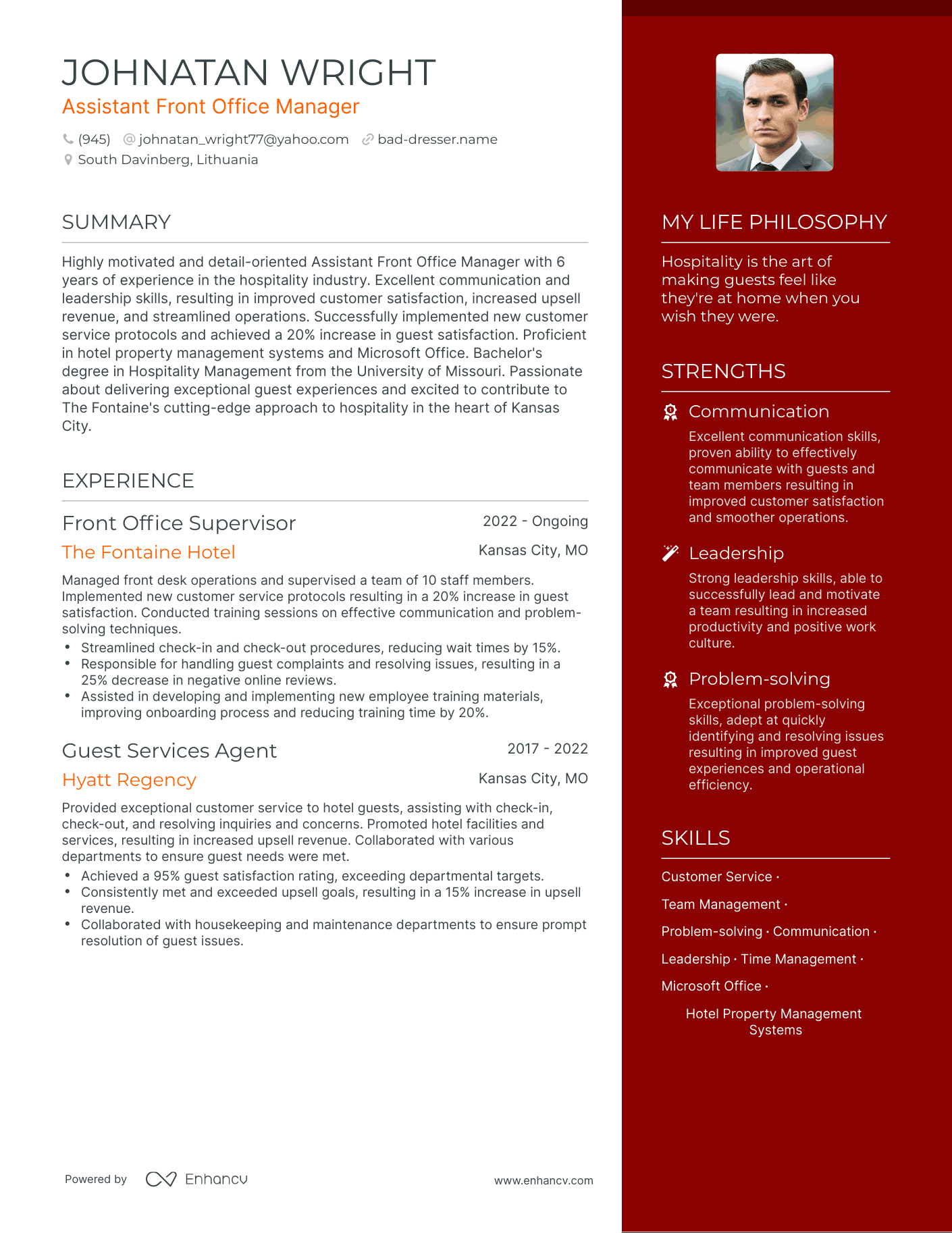 Modern Assistant Front Office Manager Resume Example
