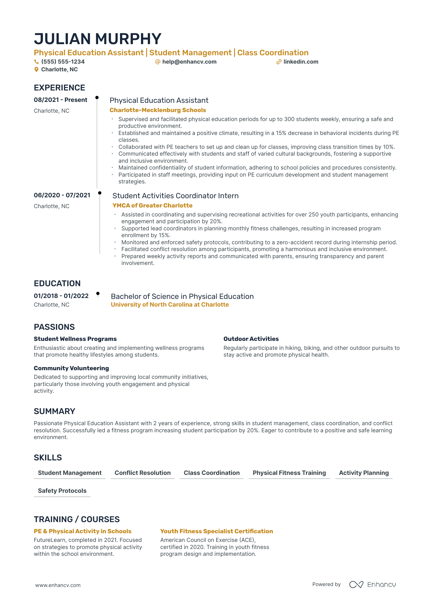 Physical Education Teacher Assistant resume example