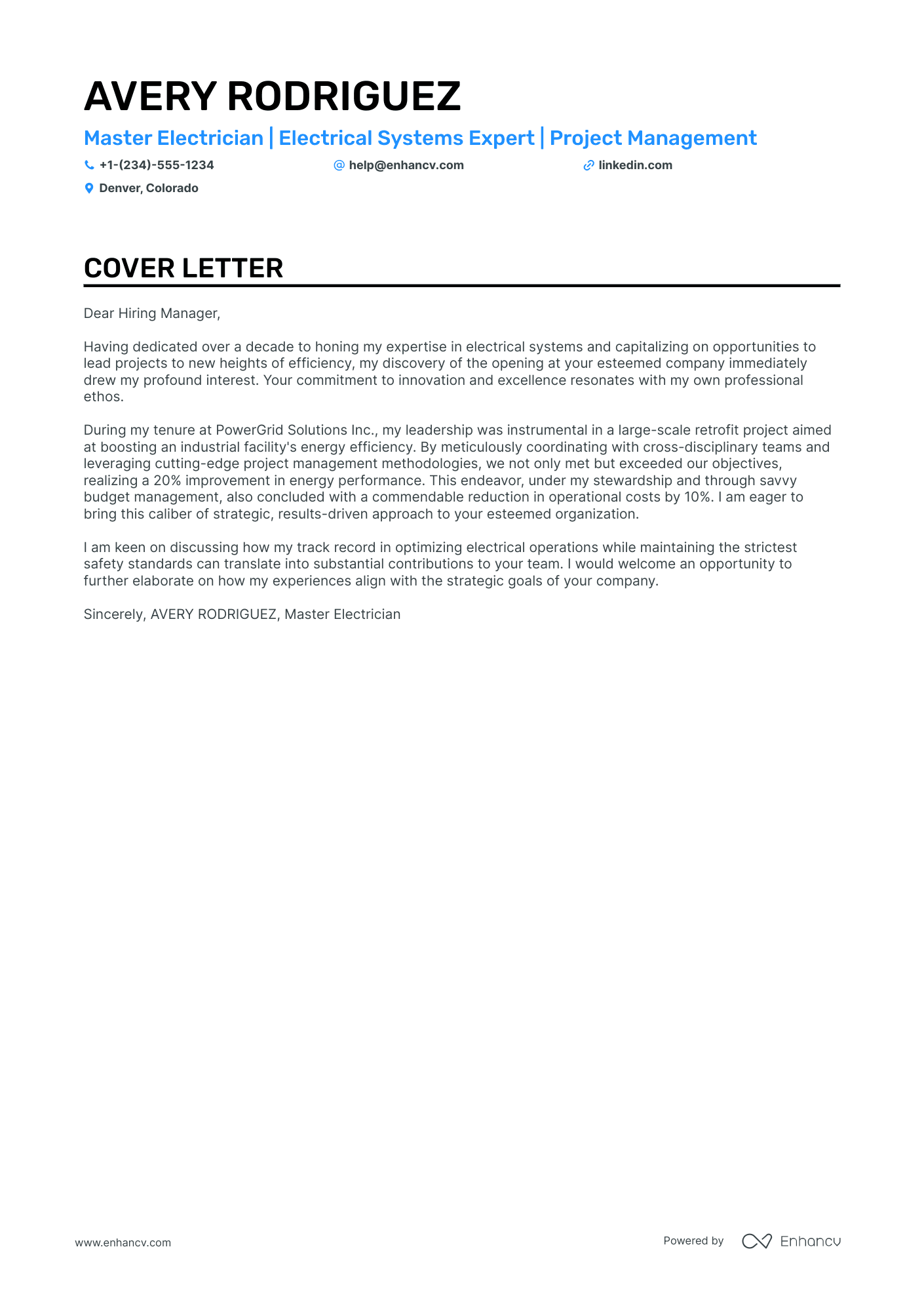 Electrical Manager cover letter