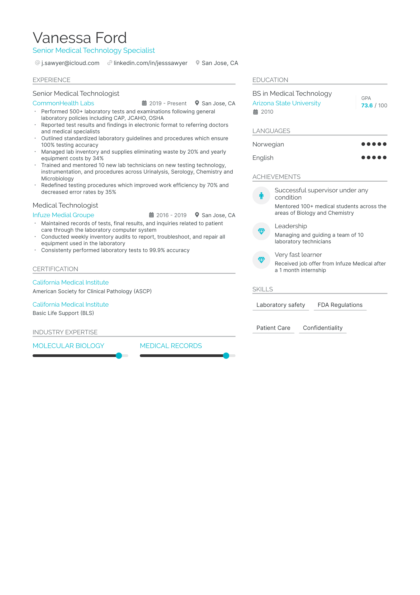 Medical Technologist resume example