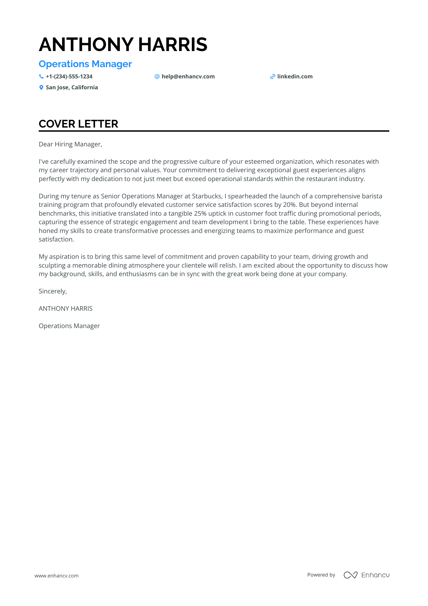 Restaurant Operations Manager cover letter