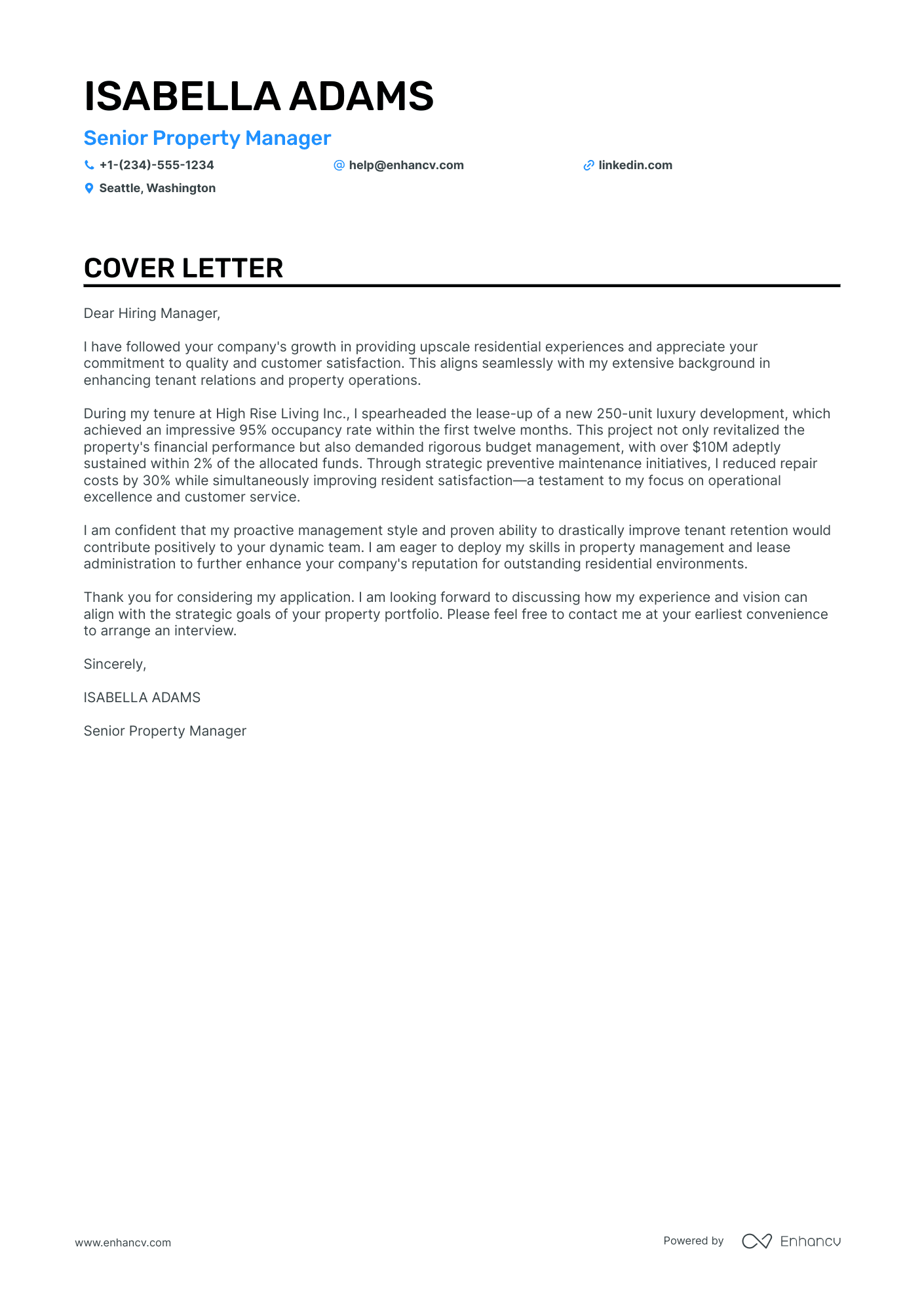 Residential Property Manager cover letter