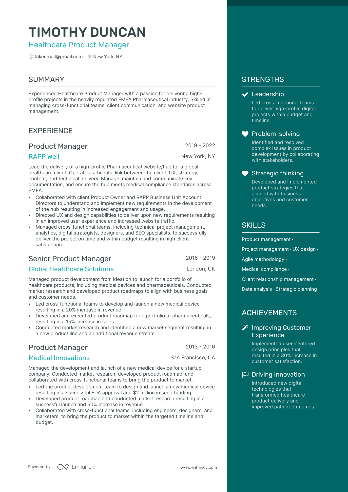 healthcare product manager resume example