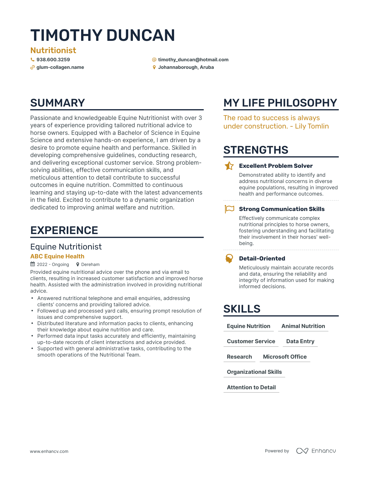Nutritionist resume example