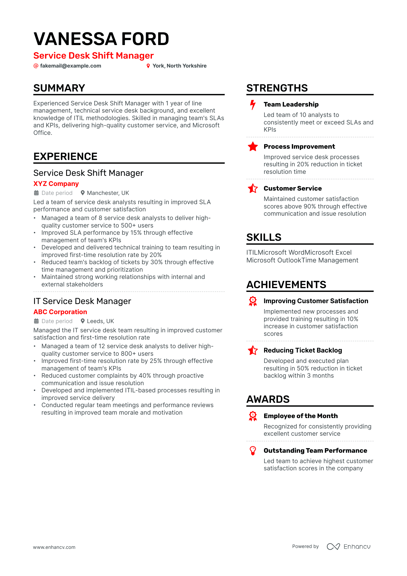 Service Desk Manager resume example