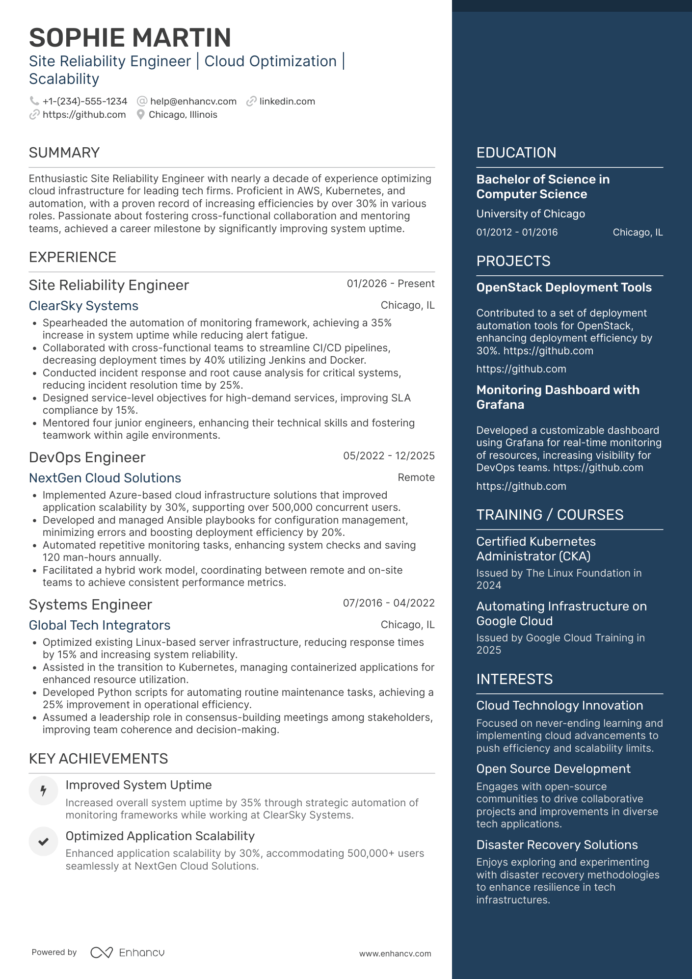 Site Reliability Engineer resume example