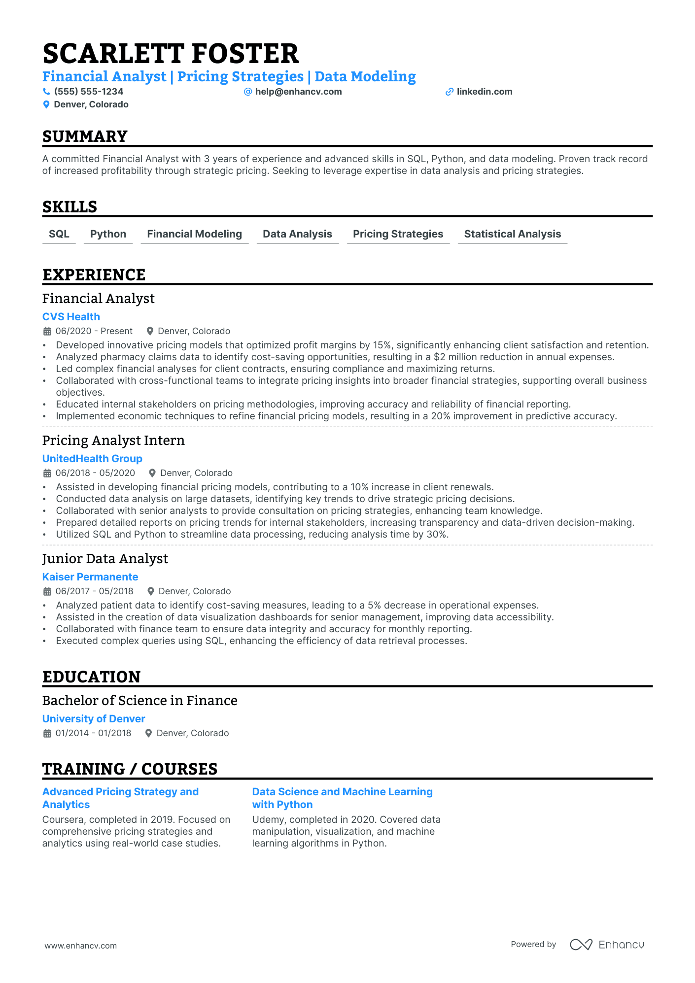 Senior Pricing Analyst resume example