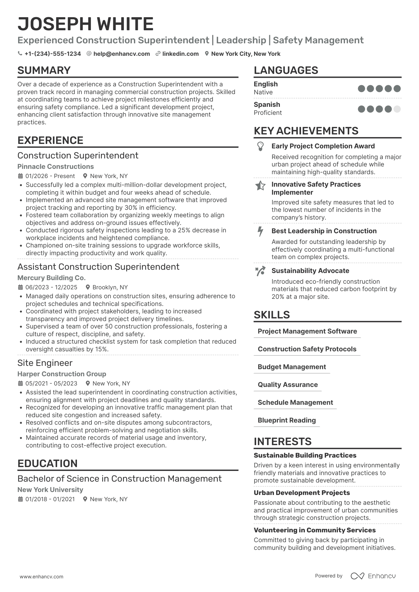 Construction Superintendent resume example