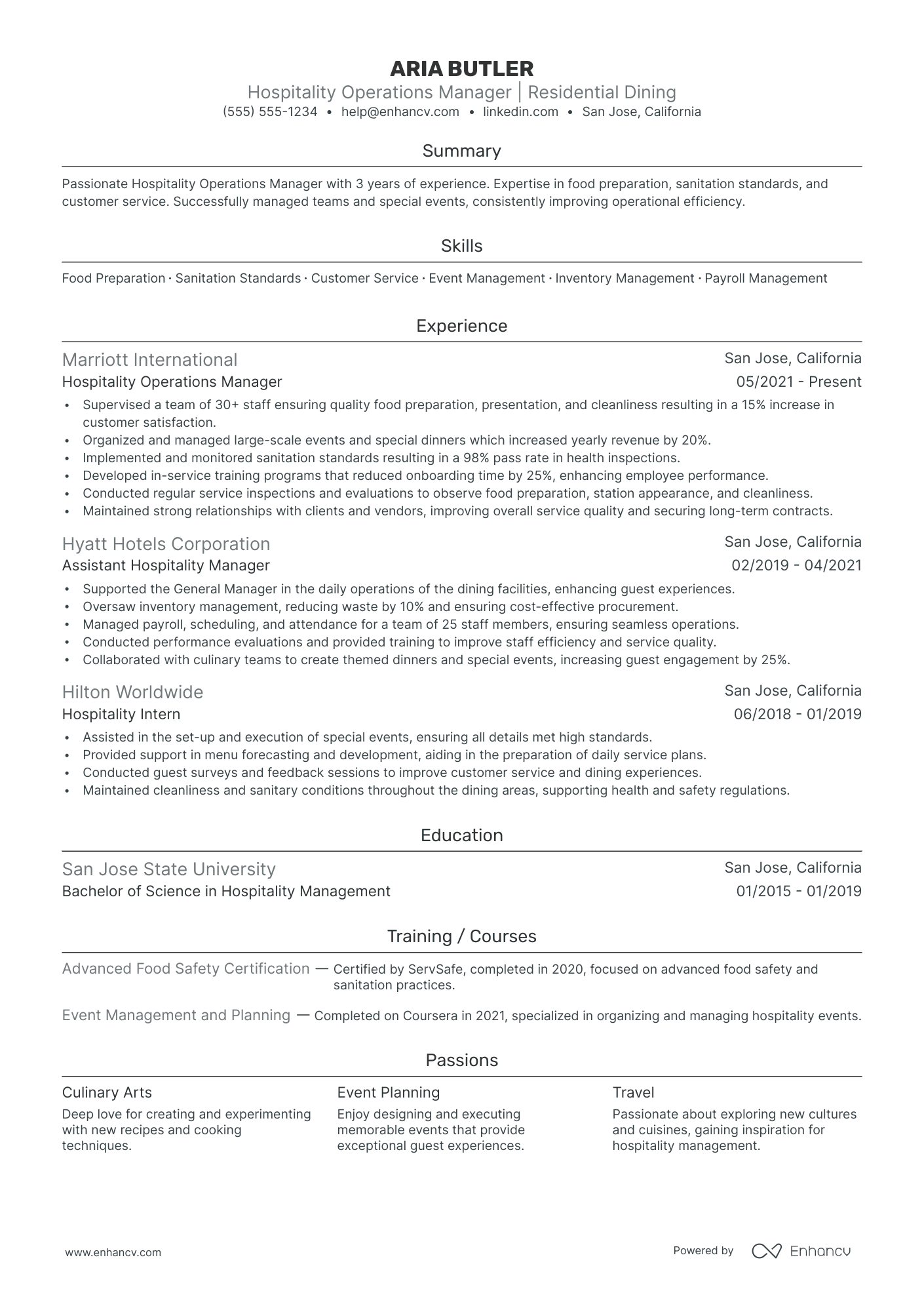 Hospitality Operations Manager resume example