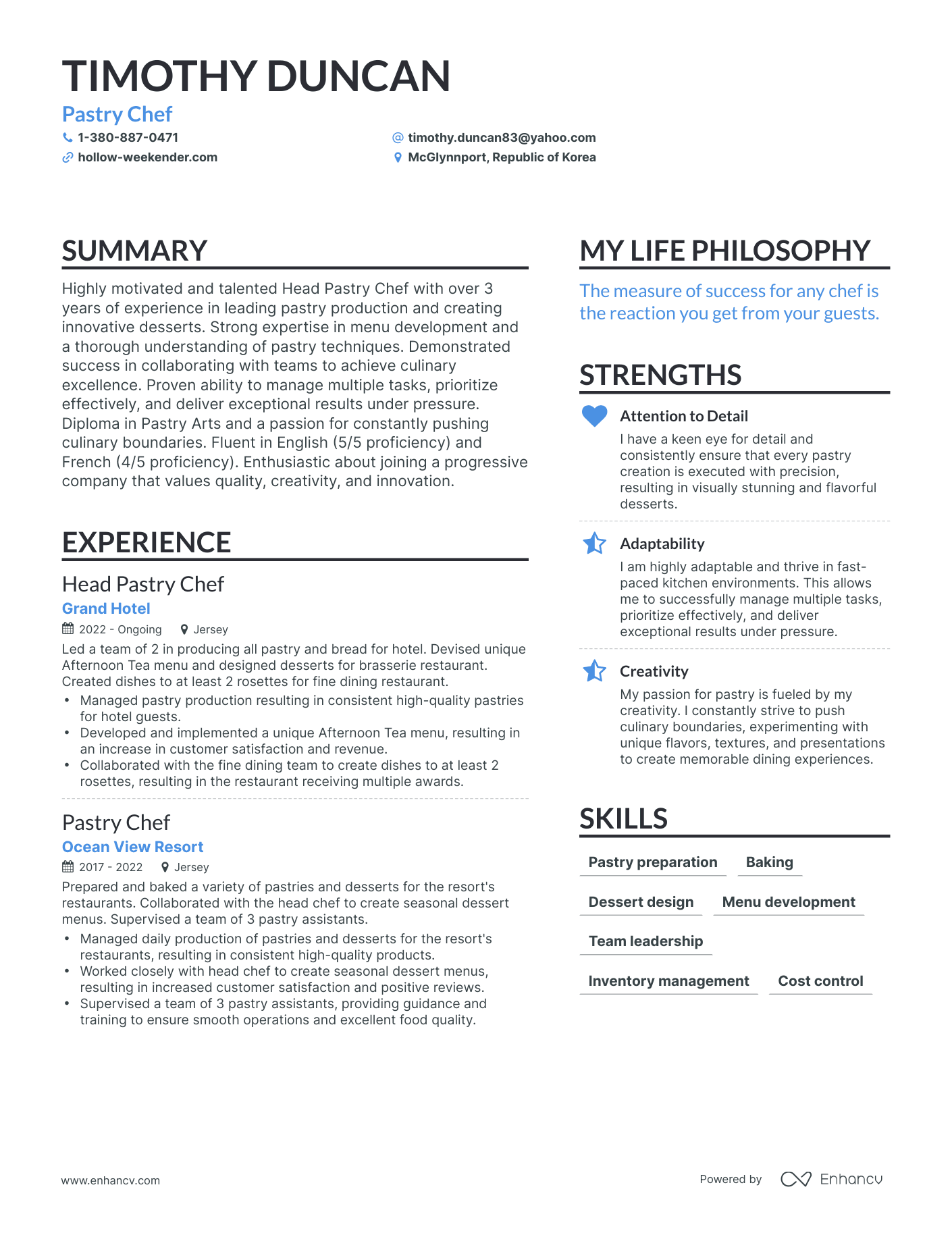 Pastry Chef resume example
