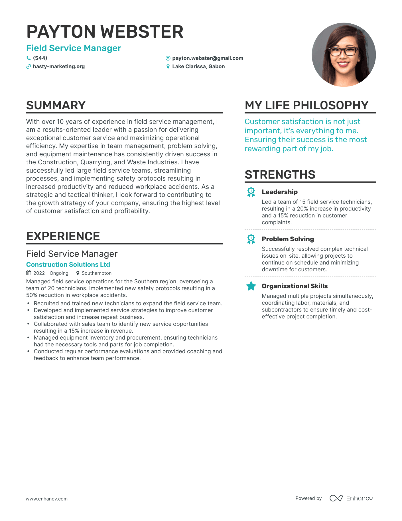 Field Service Manager resume example