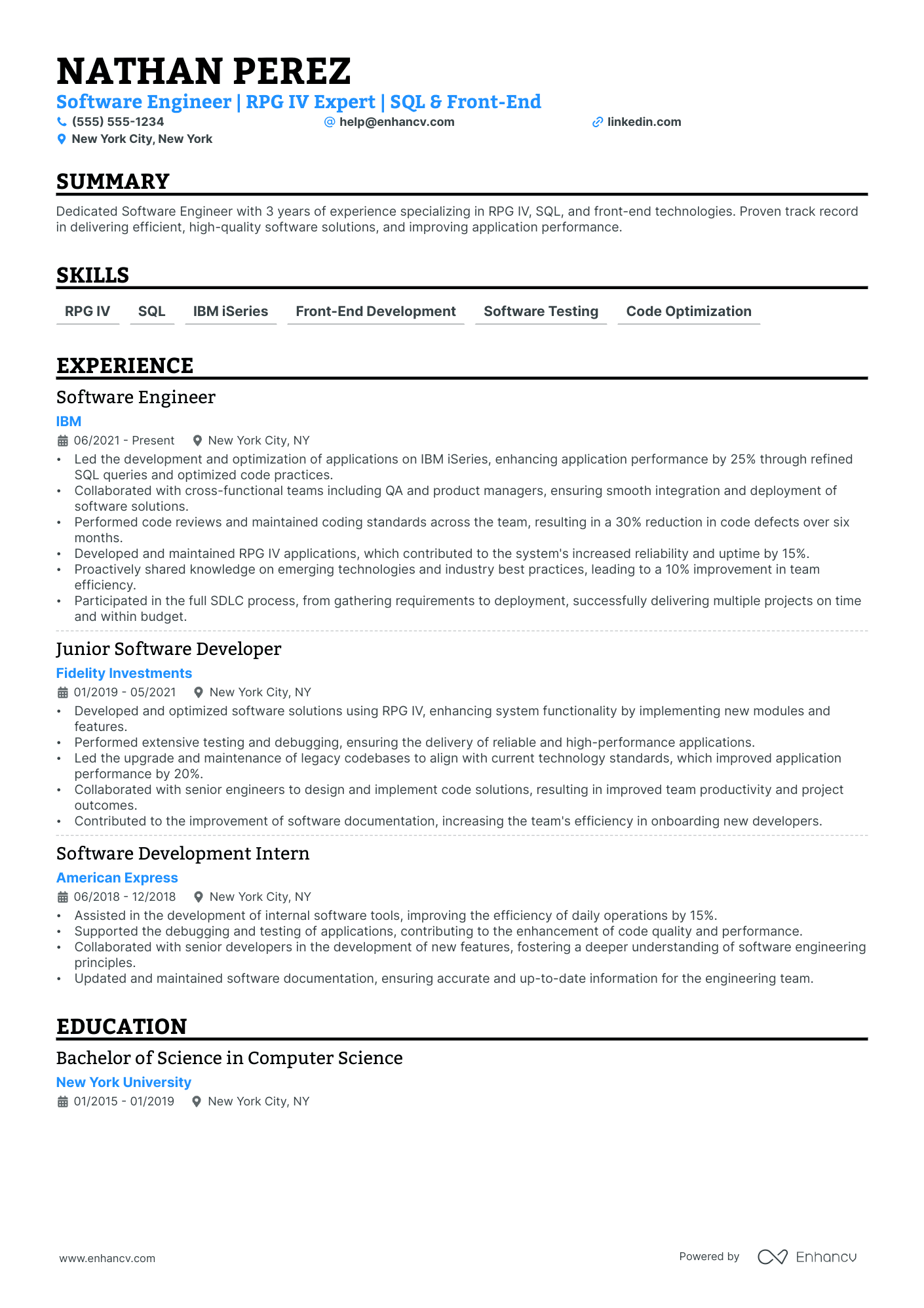 Software Performance Engineer resume example