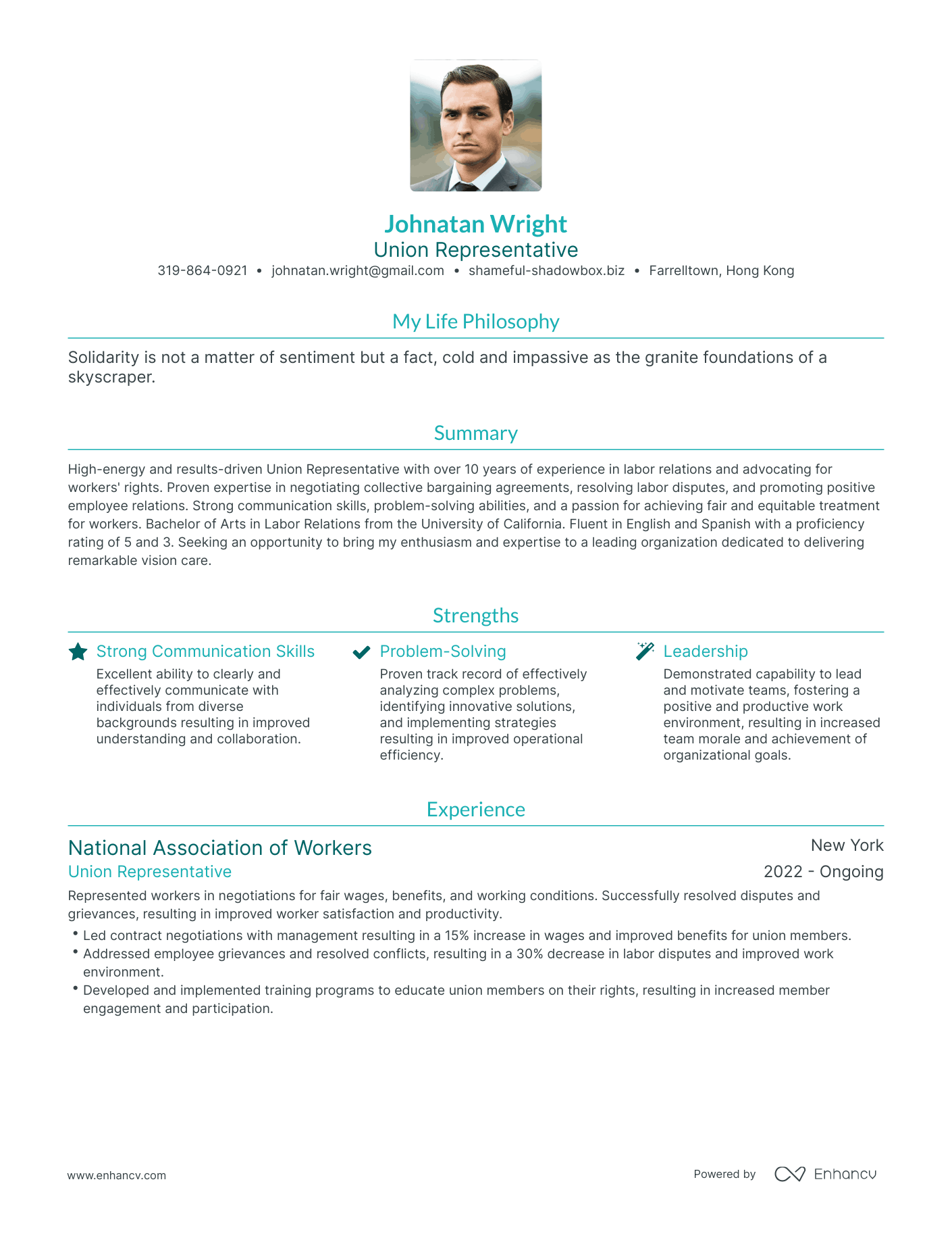 Modern Union Representative Resume Example