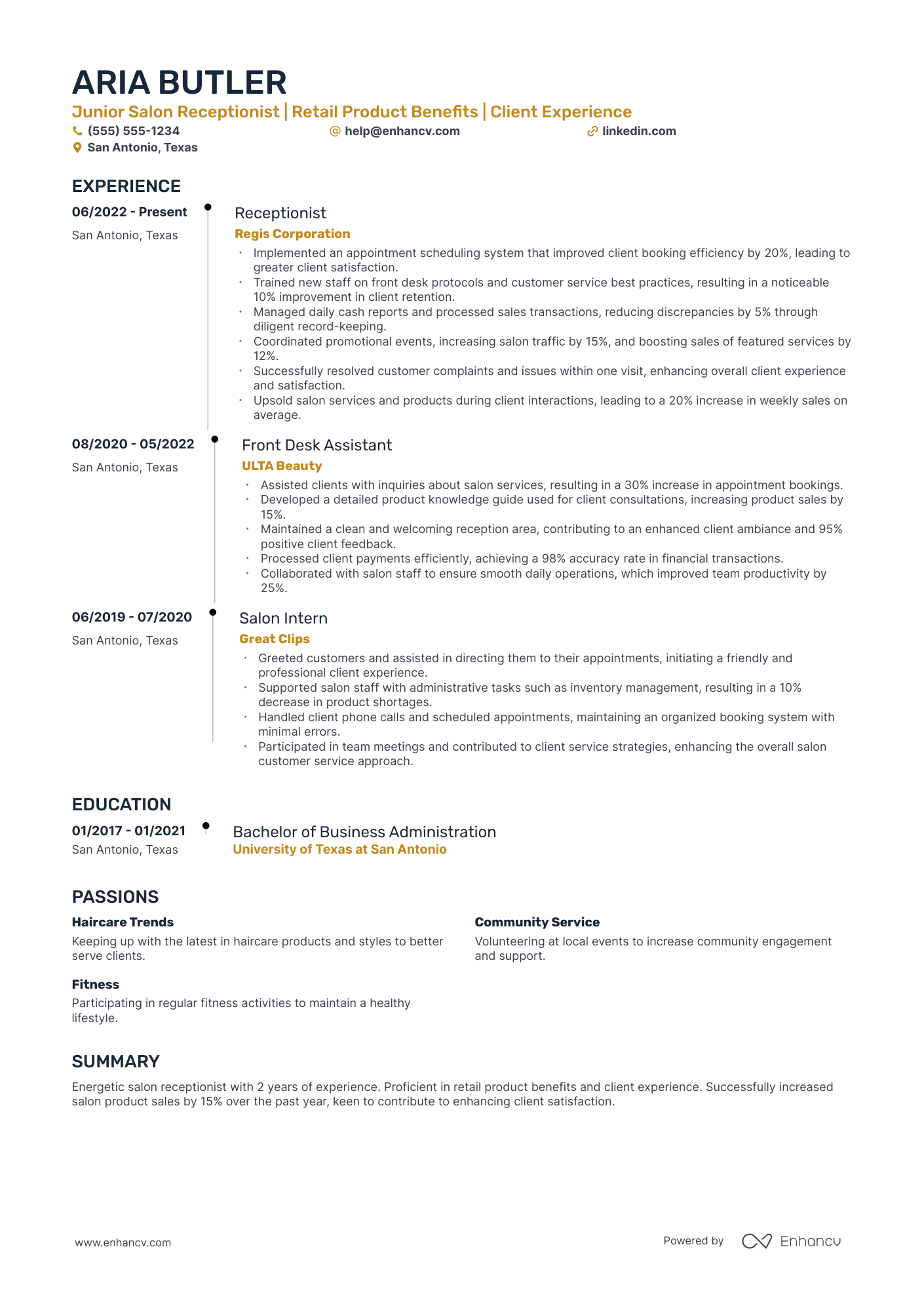 Salon Receptionist resume example