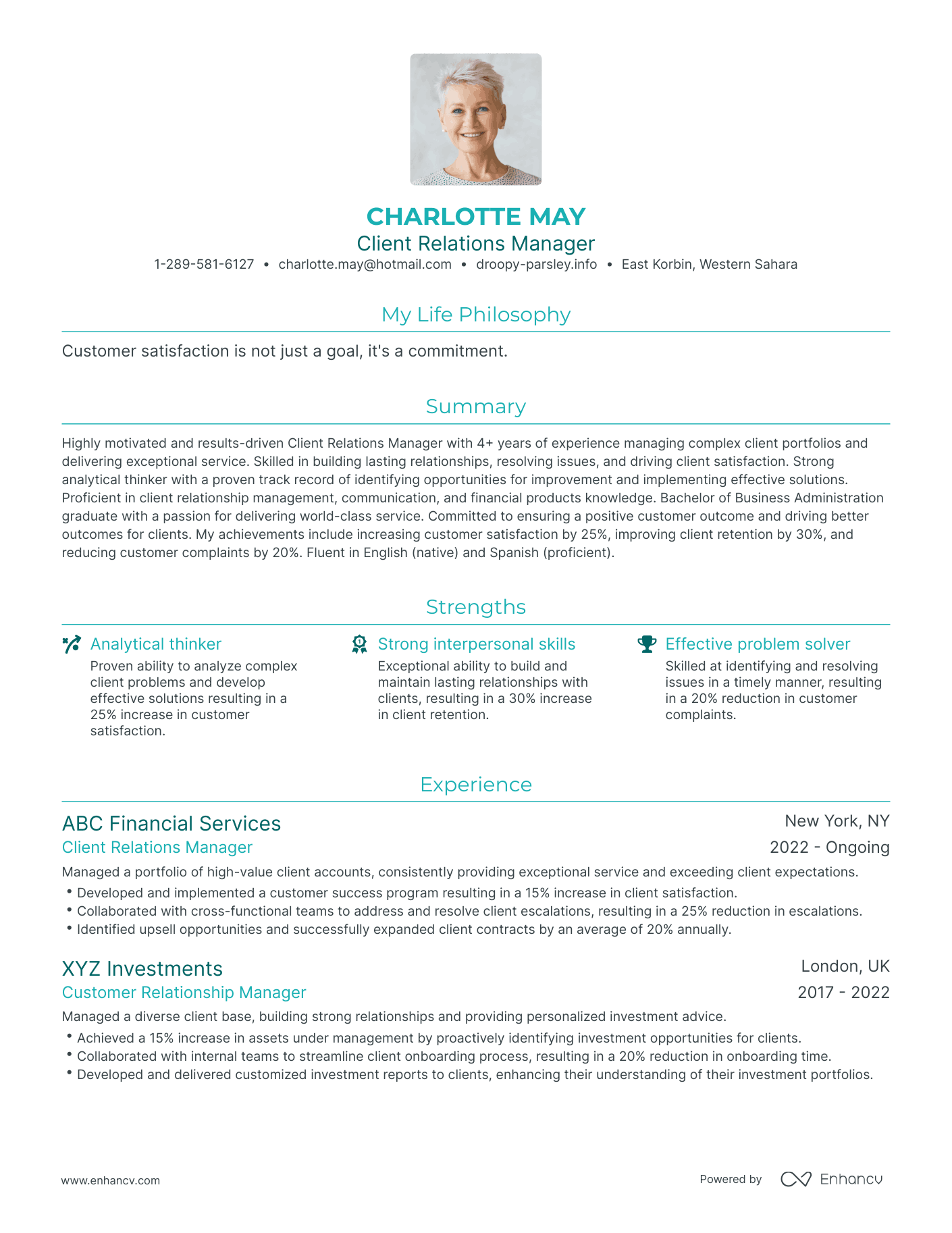 Modern Client Relations Manager Resume Example