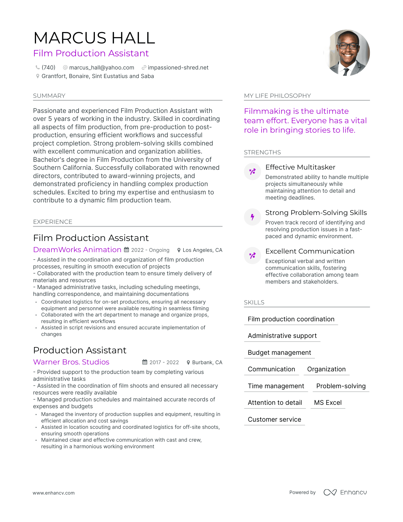 Film Production Assistant resume example