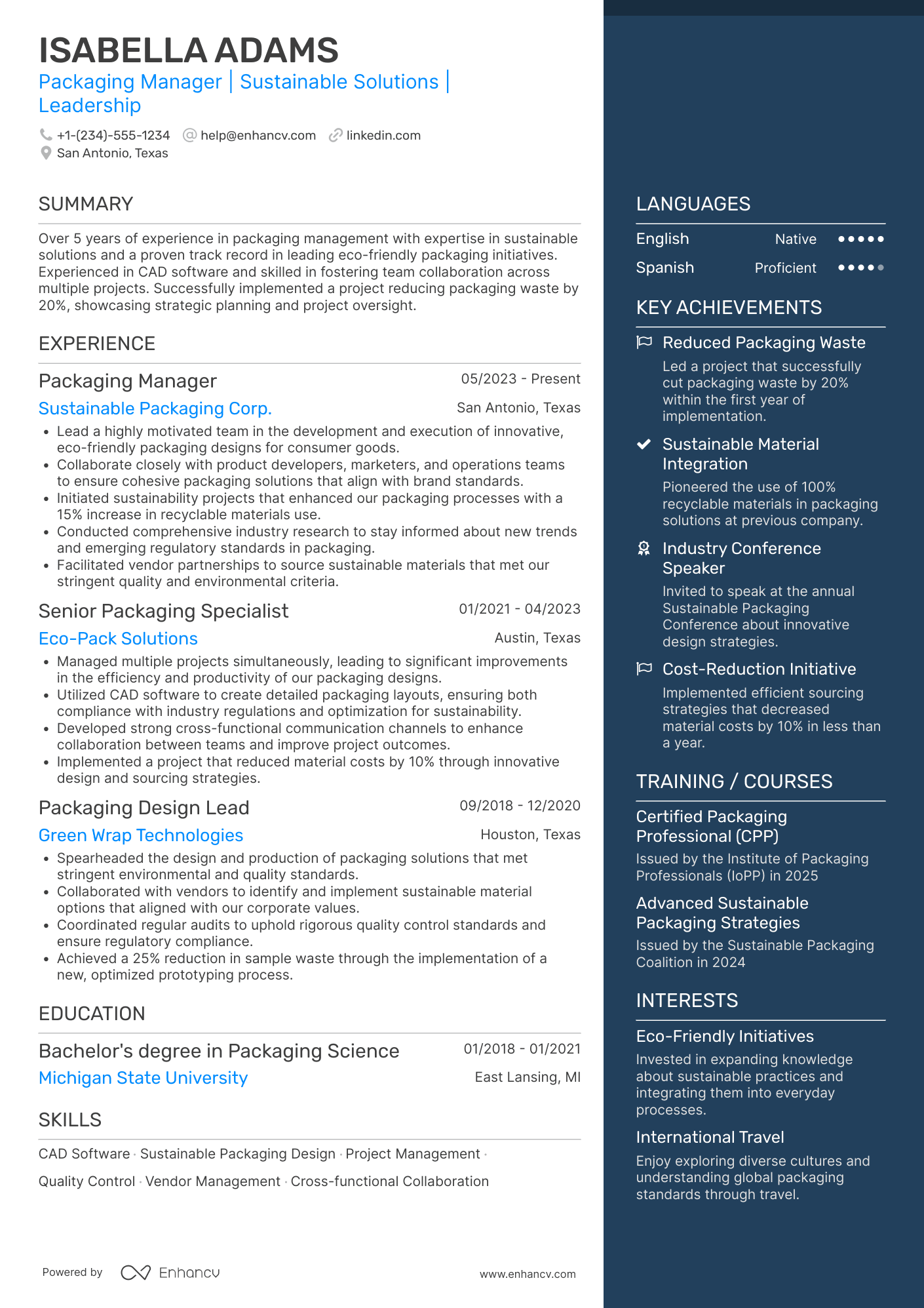 Packaging Manager resume example