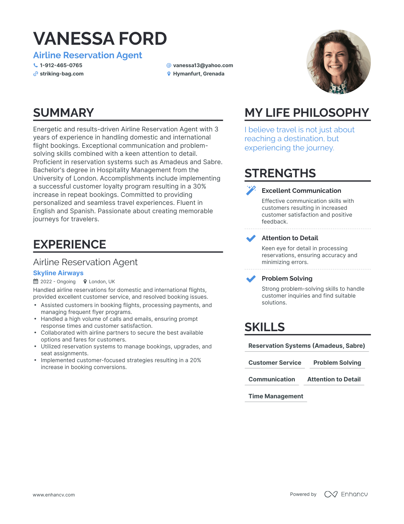 Airline Reservation Agent resume example