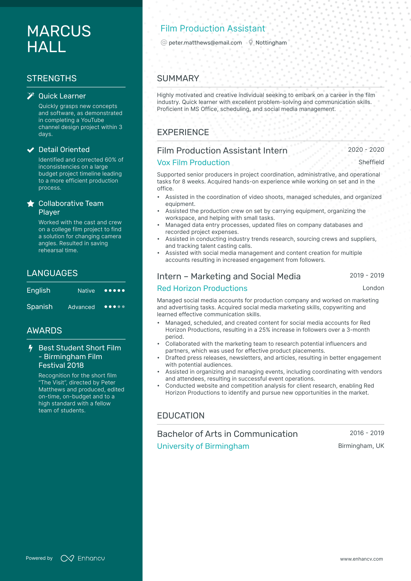 Film Production Assistant CV example