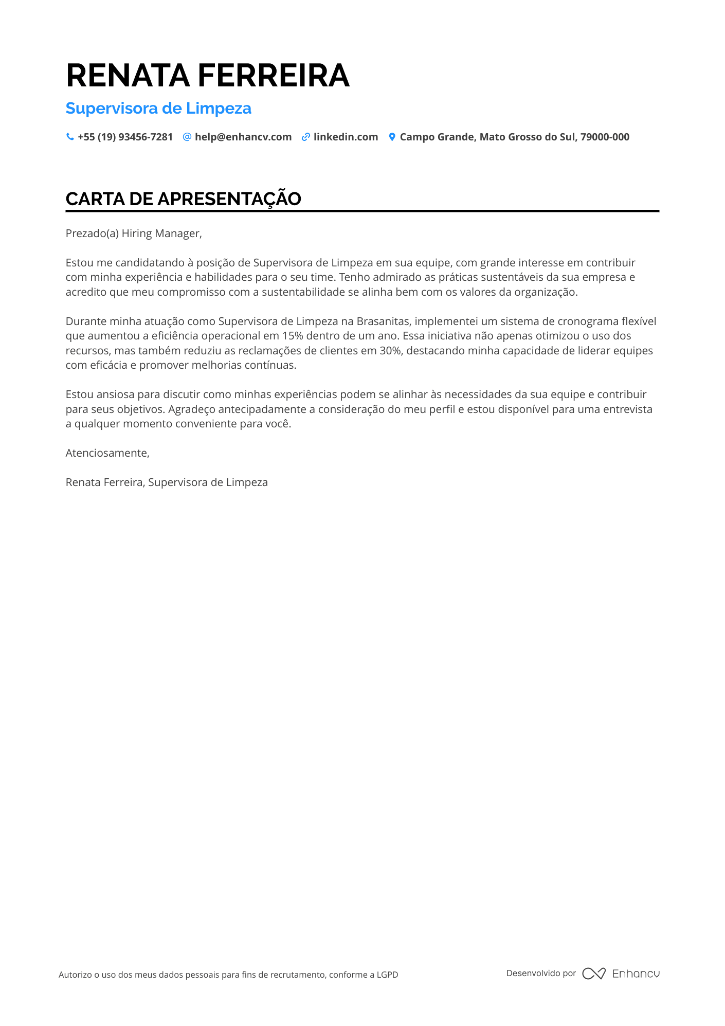 Zelador Carta de apresentação