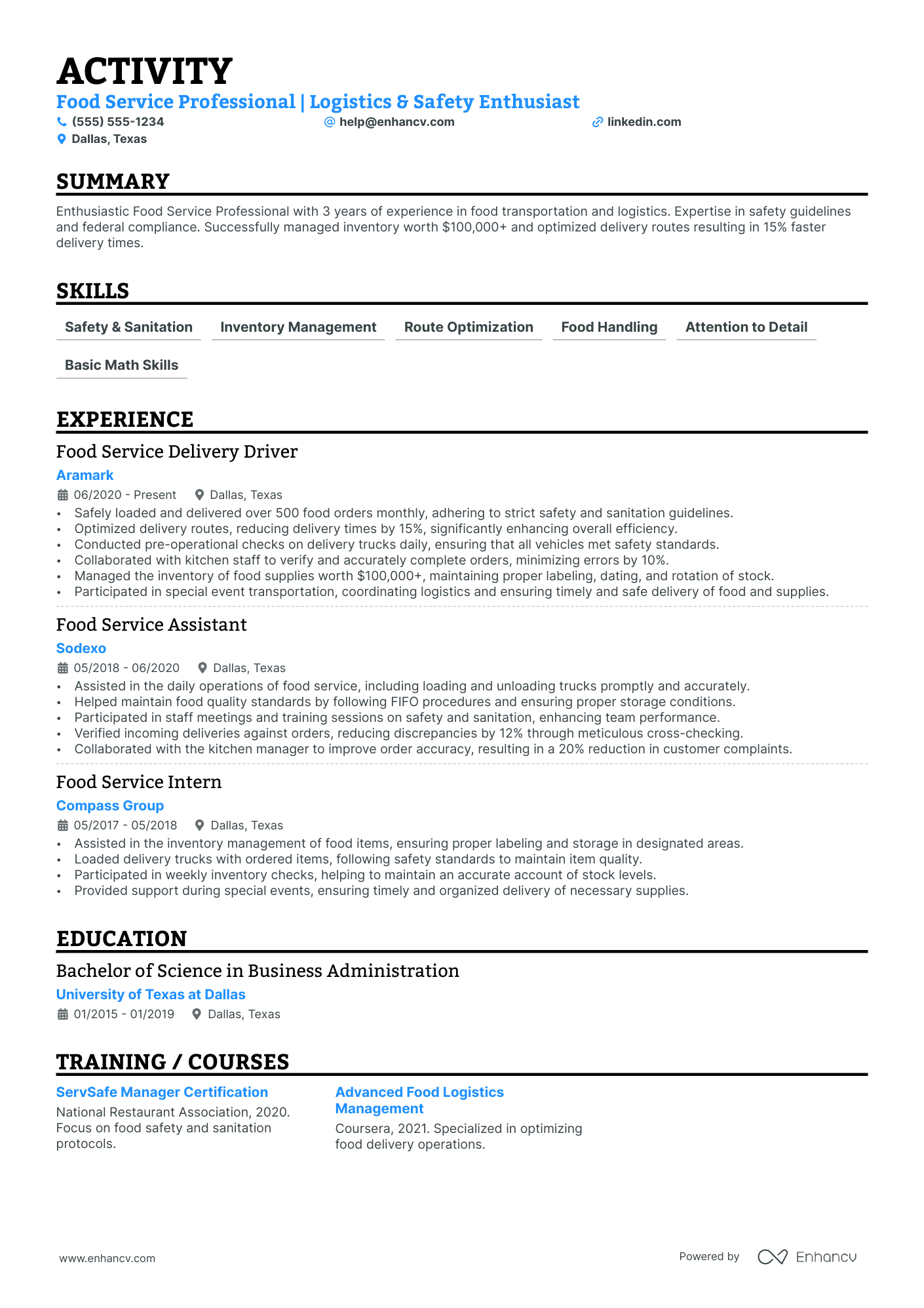 Food Delivery Driver resume example