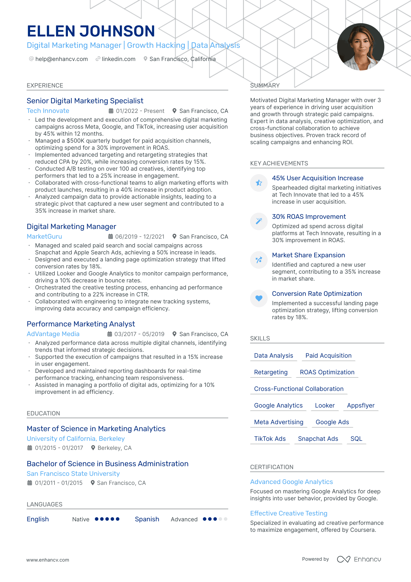 A resume with two columns and a photo in the resume header and blue accent color. A long summary and an experience section in focus.