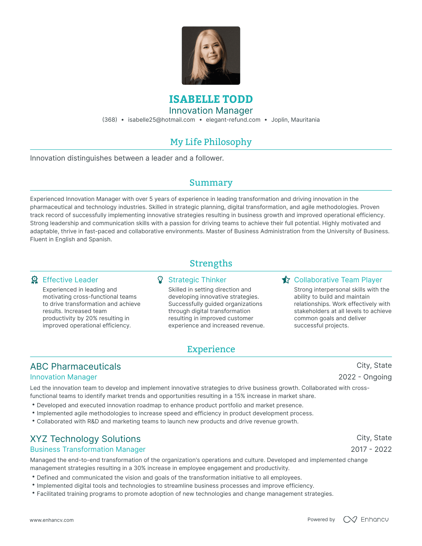 Modern Innovation Manager Resume Example
