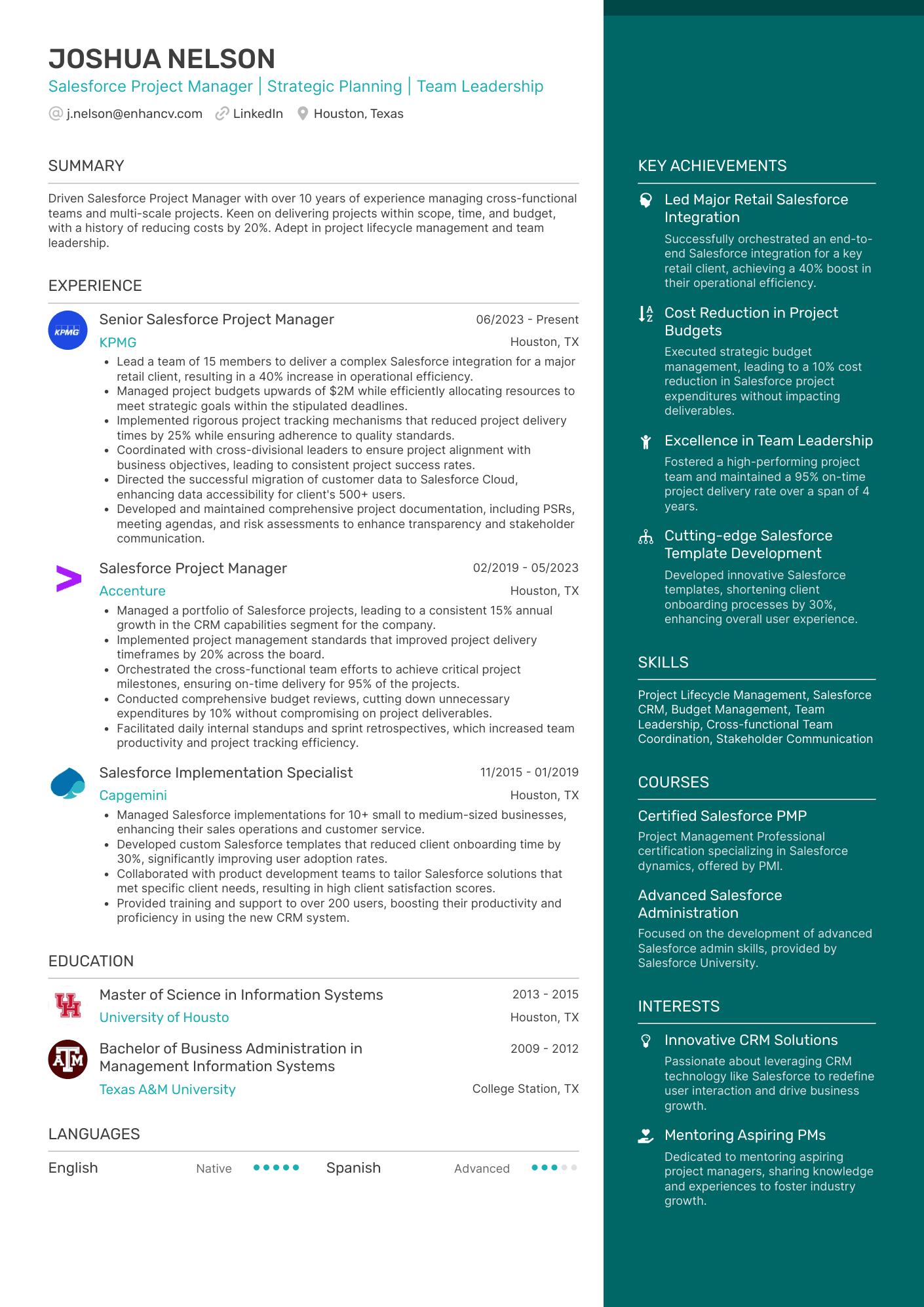 A two column resume template with a wider column for experience and a narrower, aqua colored column for your highlights.