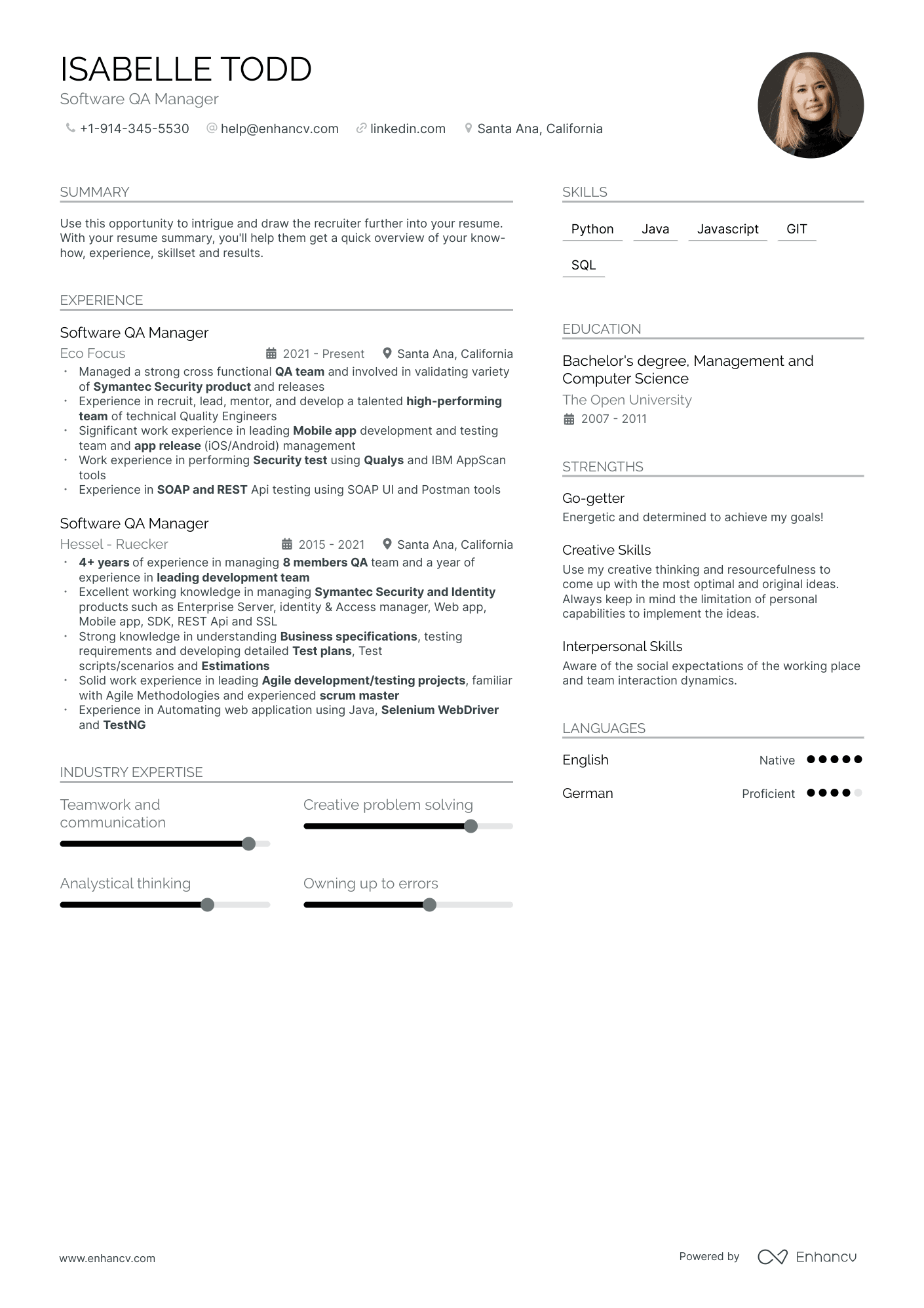 Software QA Manager resume example