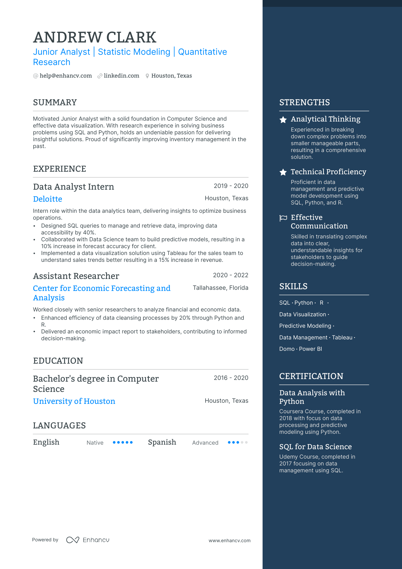 Junior Data Analyst resume example