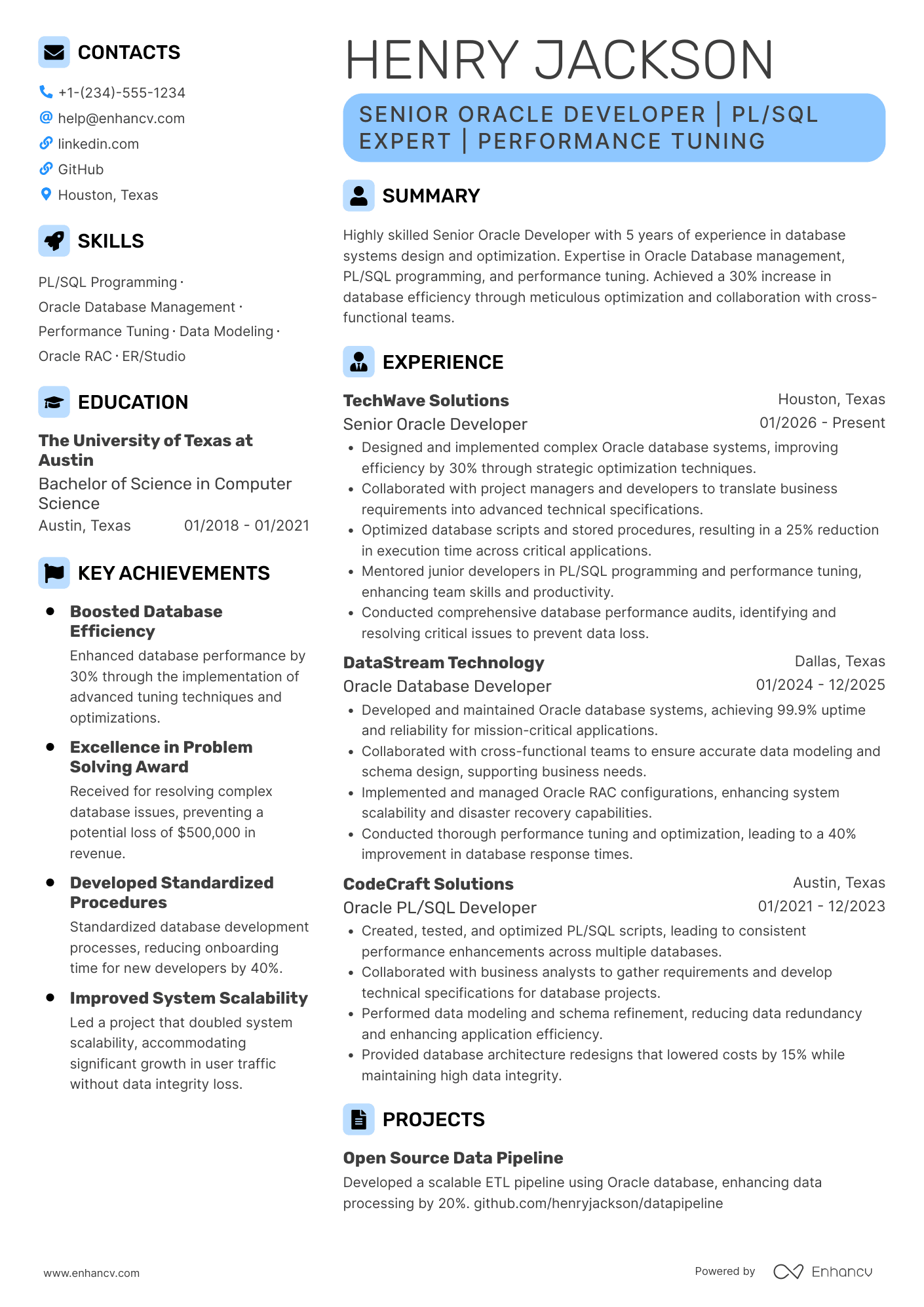 Senior Oracle Developer resume example