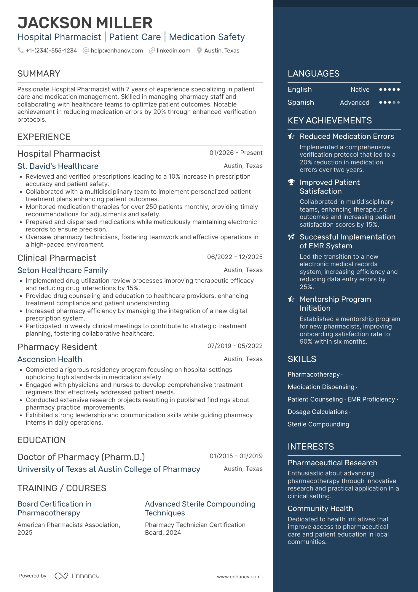 Hospital Pharmacist resume example