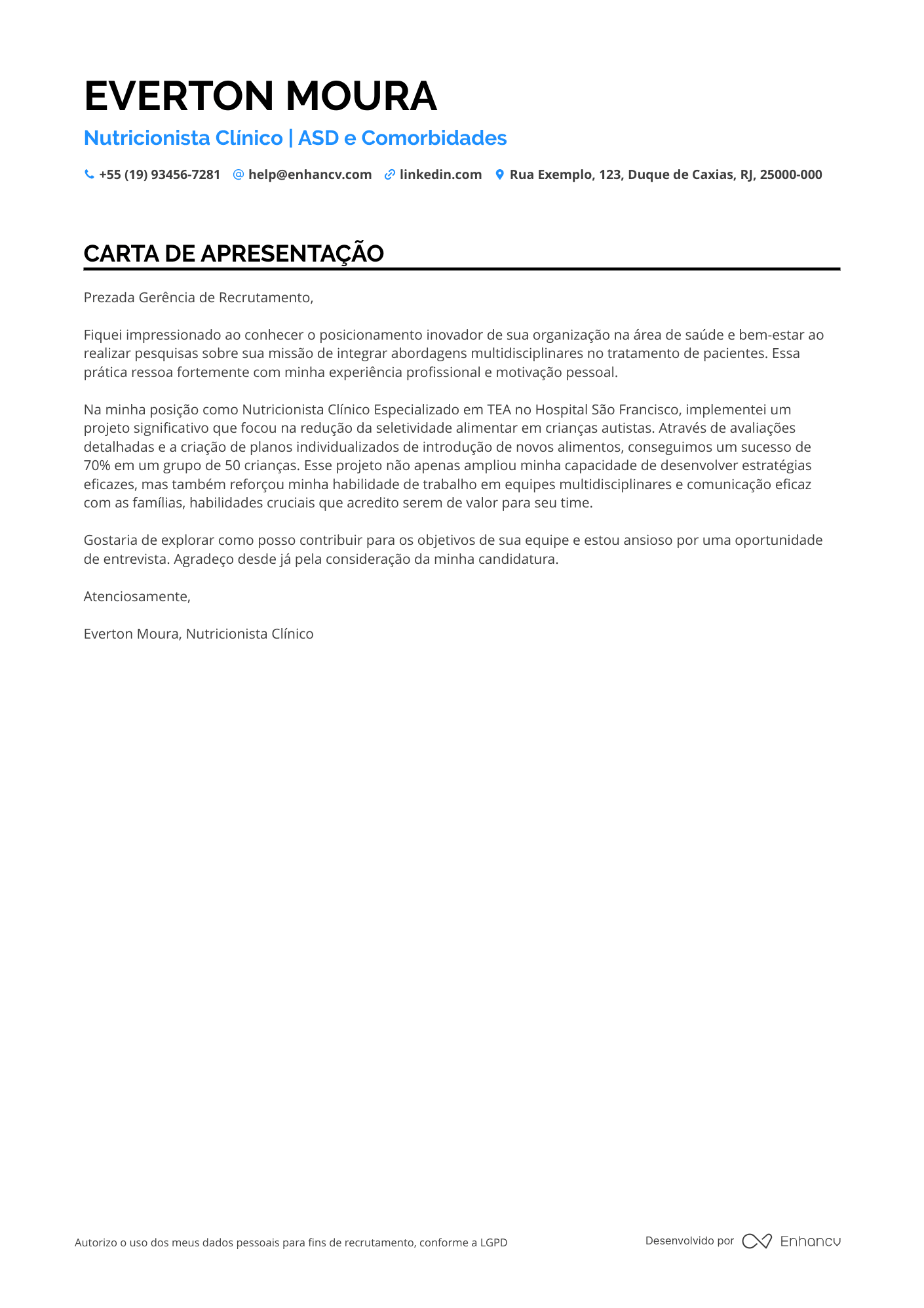 Nutricionista Carta de apresentação