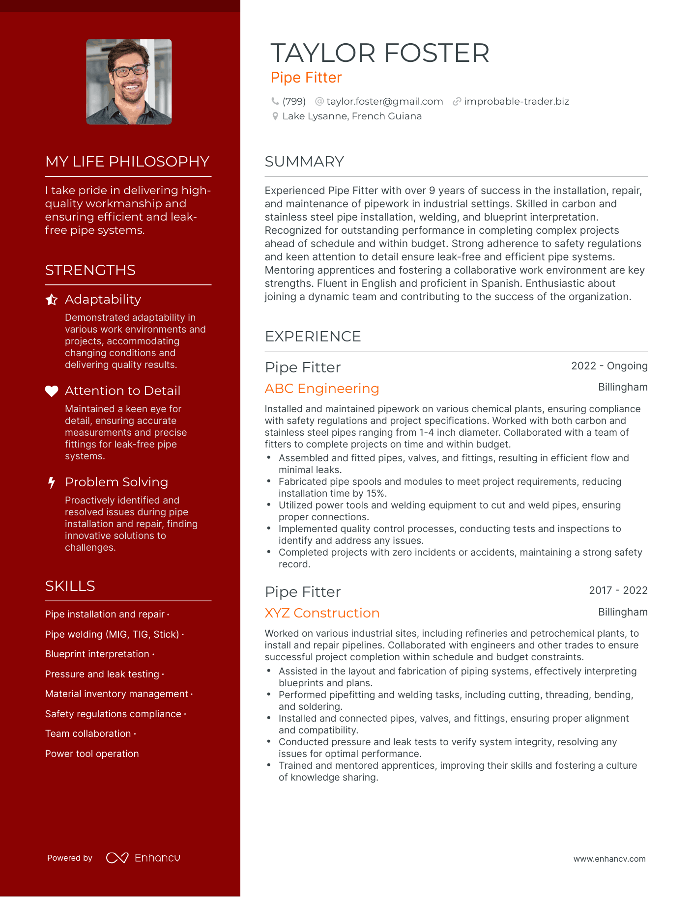 Creative Pipe Fitter Resume Example
