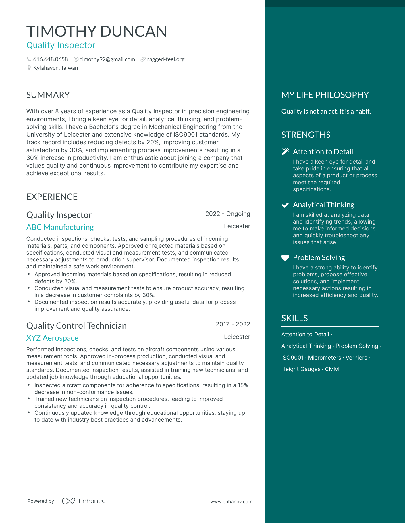 Modern Quality Inspector Resume Example