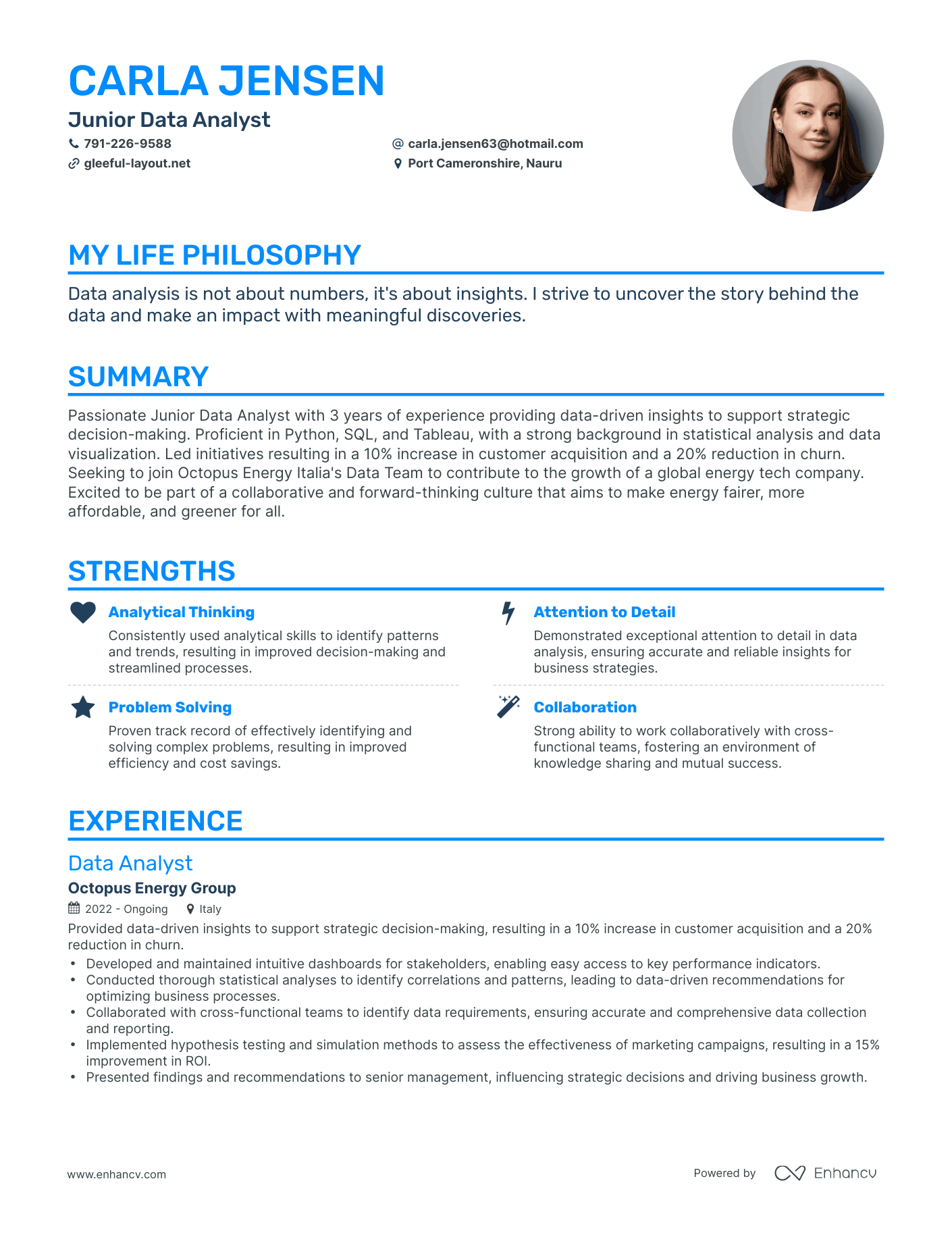 Creative Junior Data Analyst Resume Example