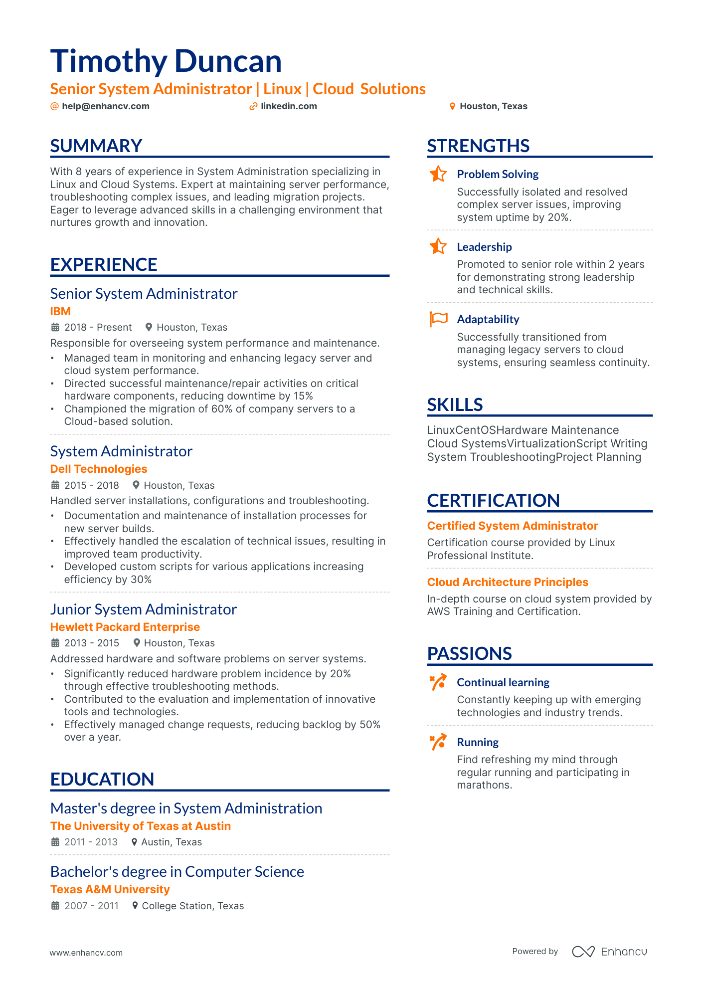 Linux System Administrator resume example