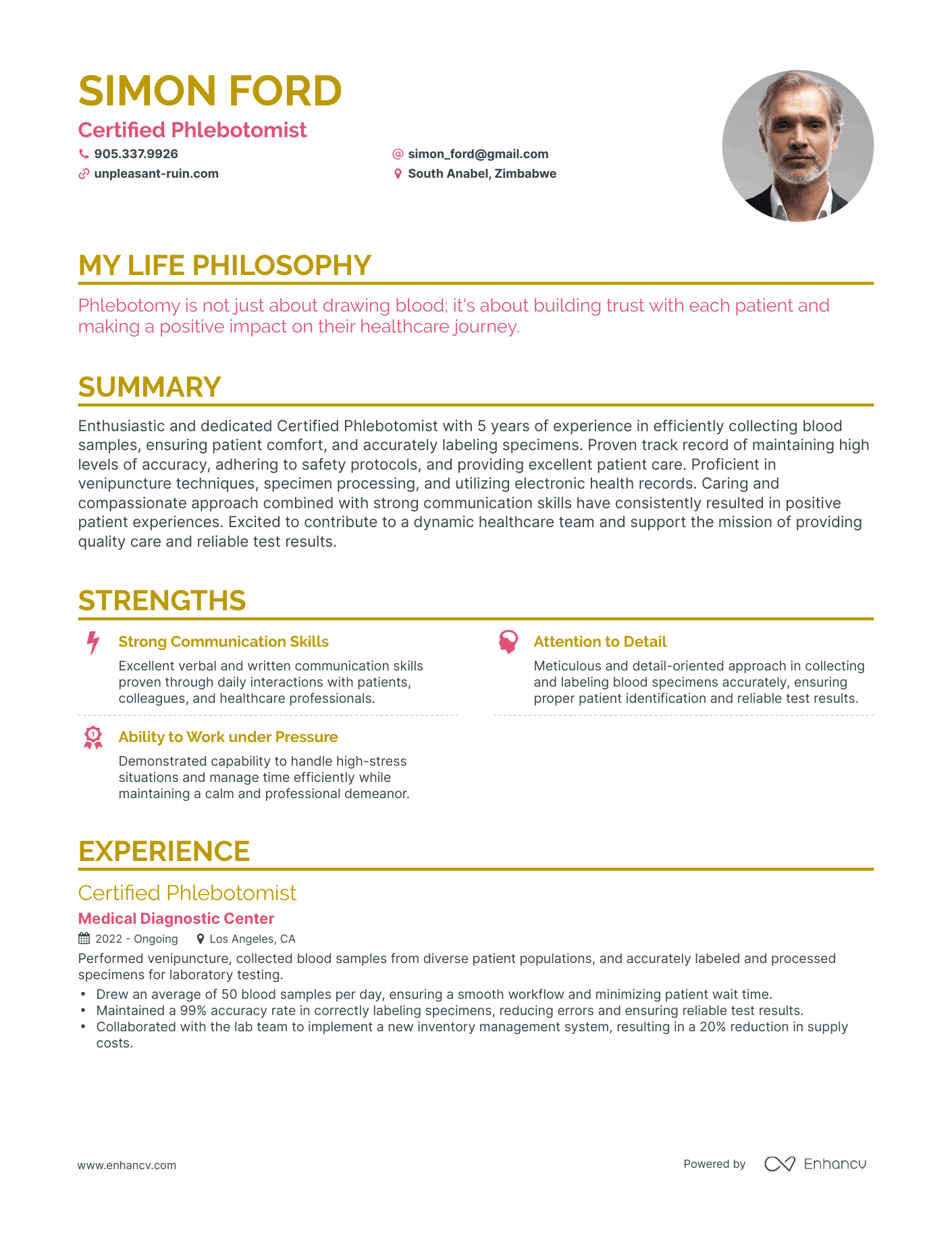 Creative Certified Phlebotomist Resume Example