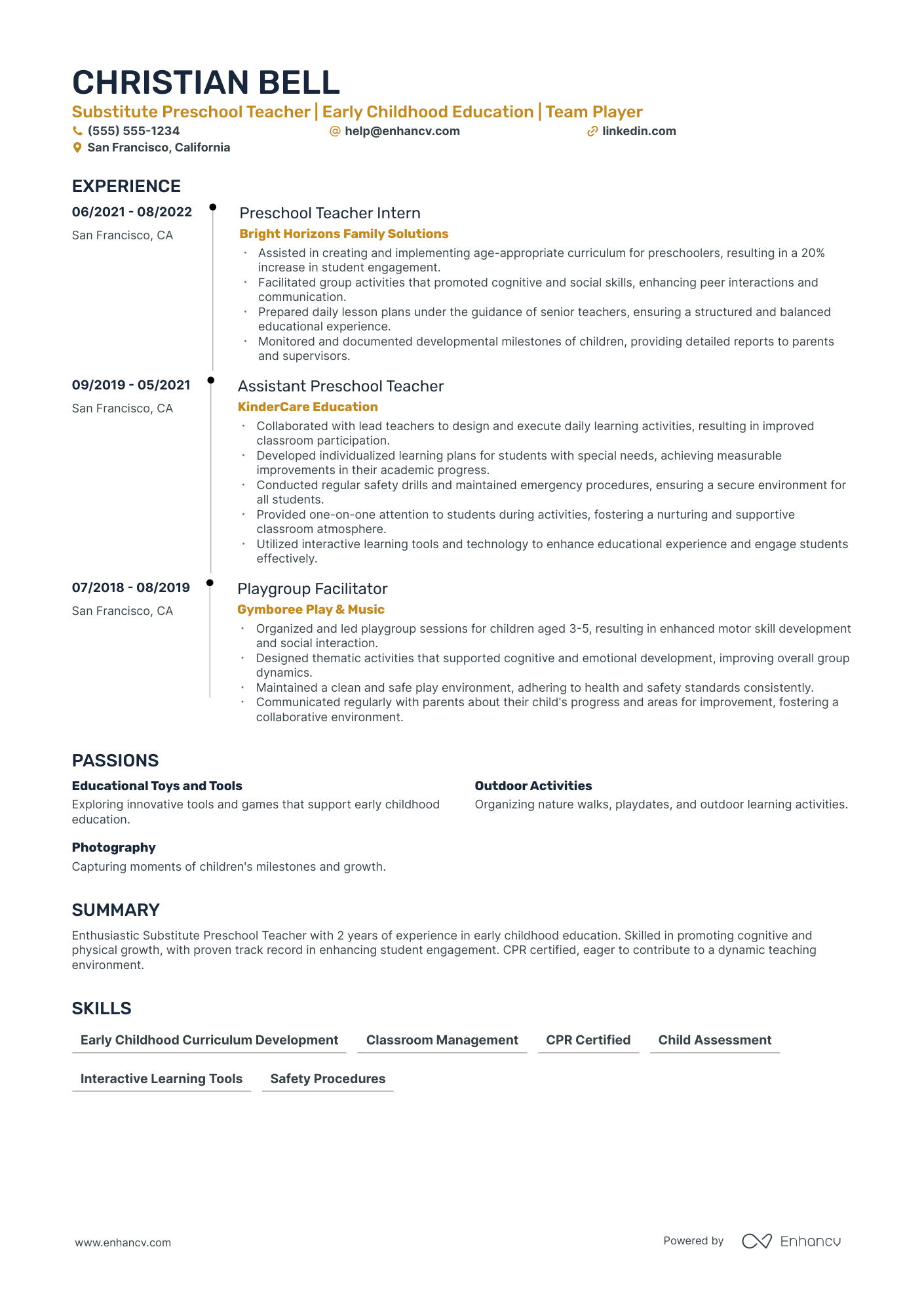 Substitute Preschool Teacher resume example