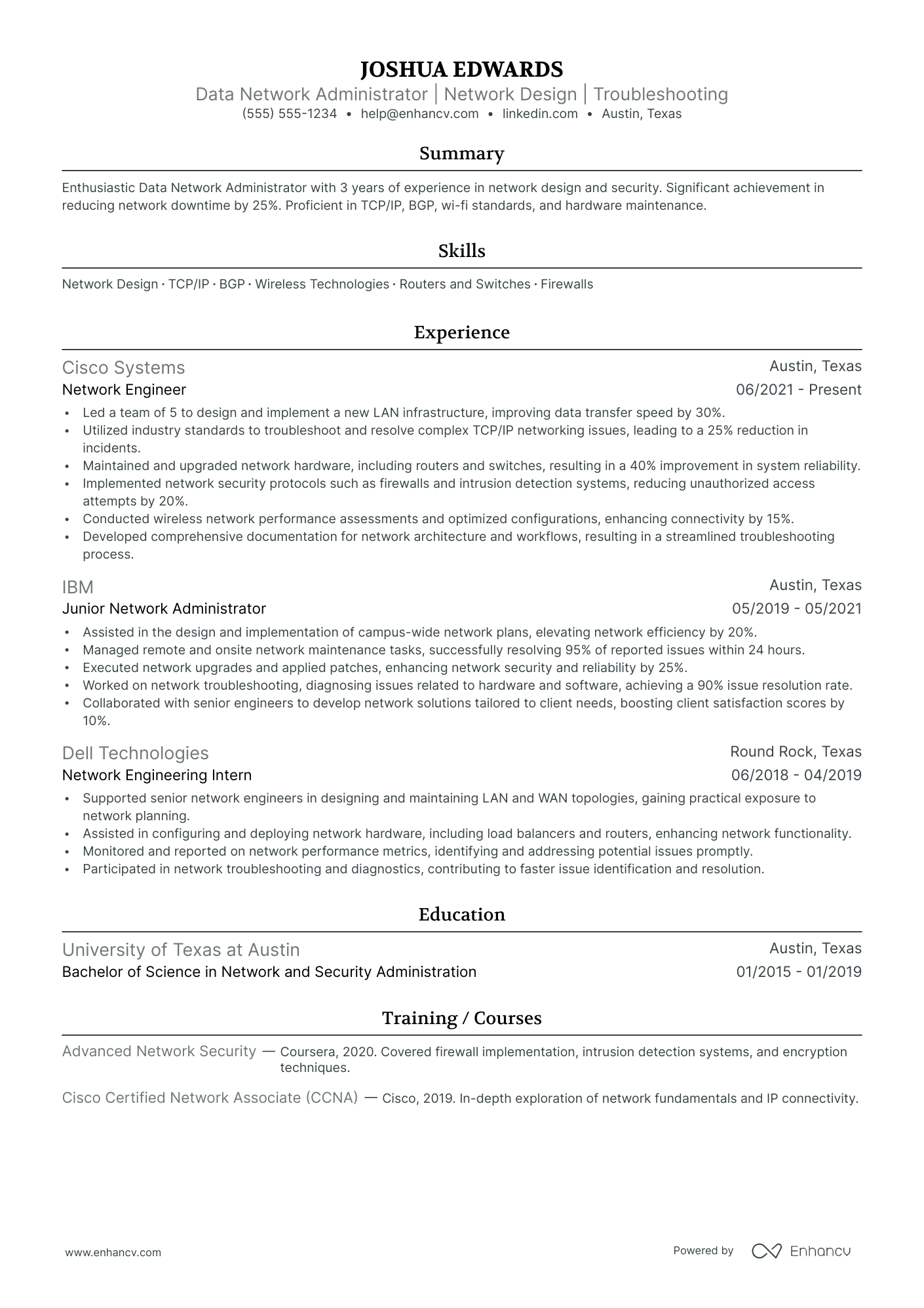 Computer Science Network Administrator resume example