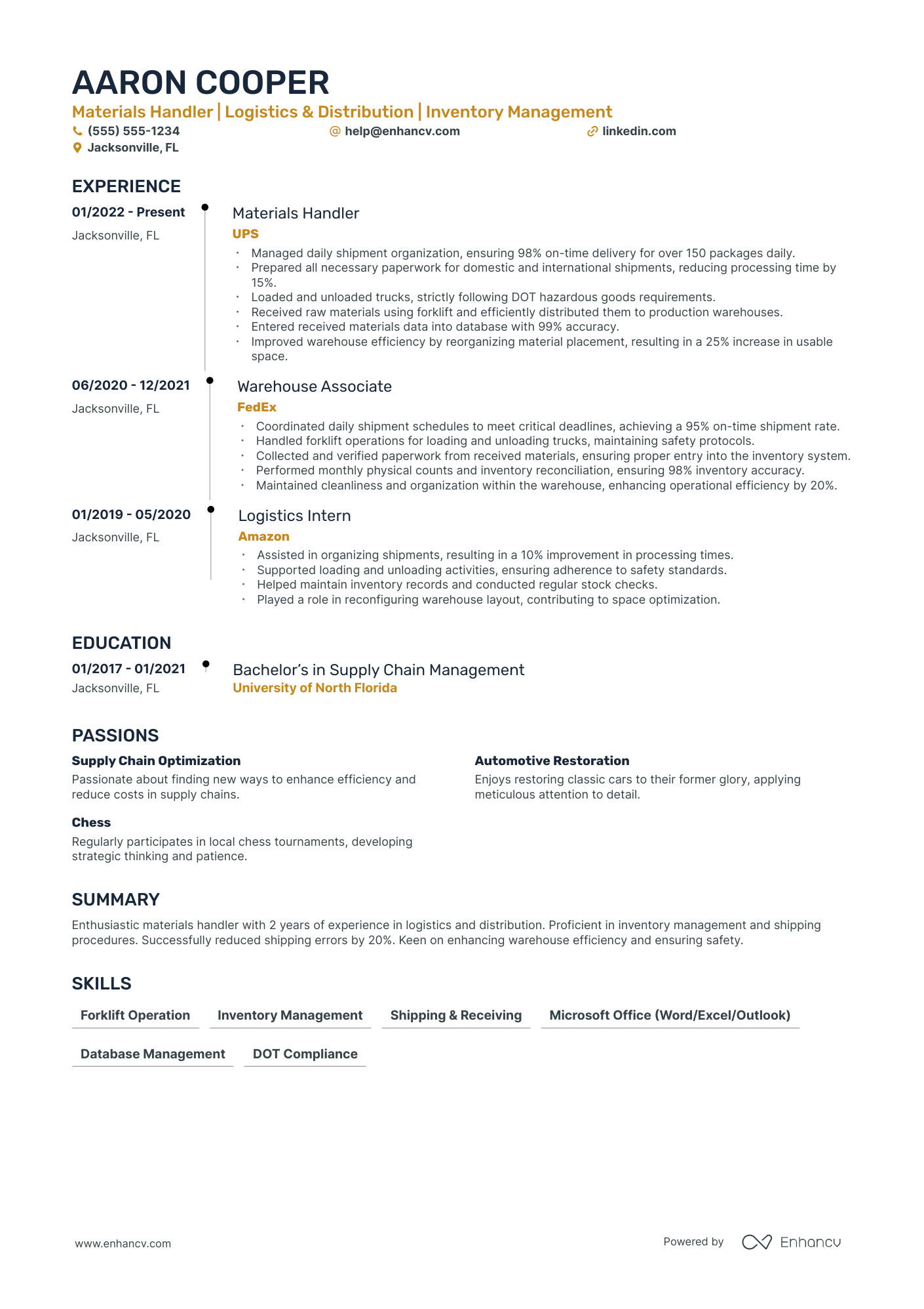 Warehouse Material Handler resume example