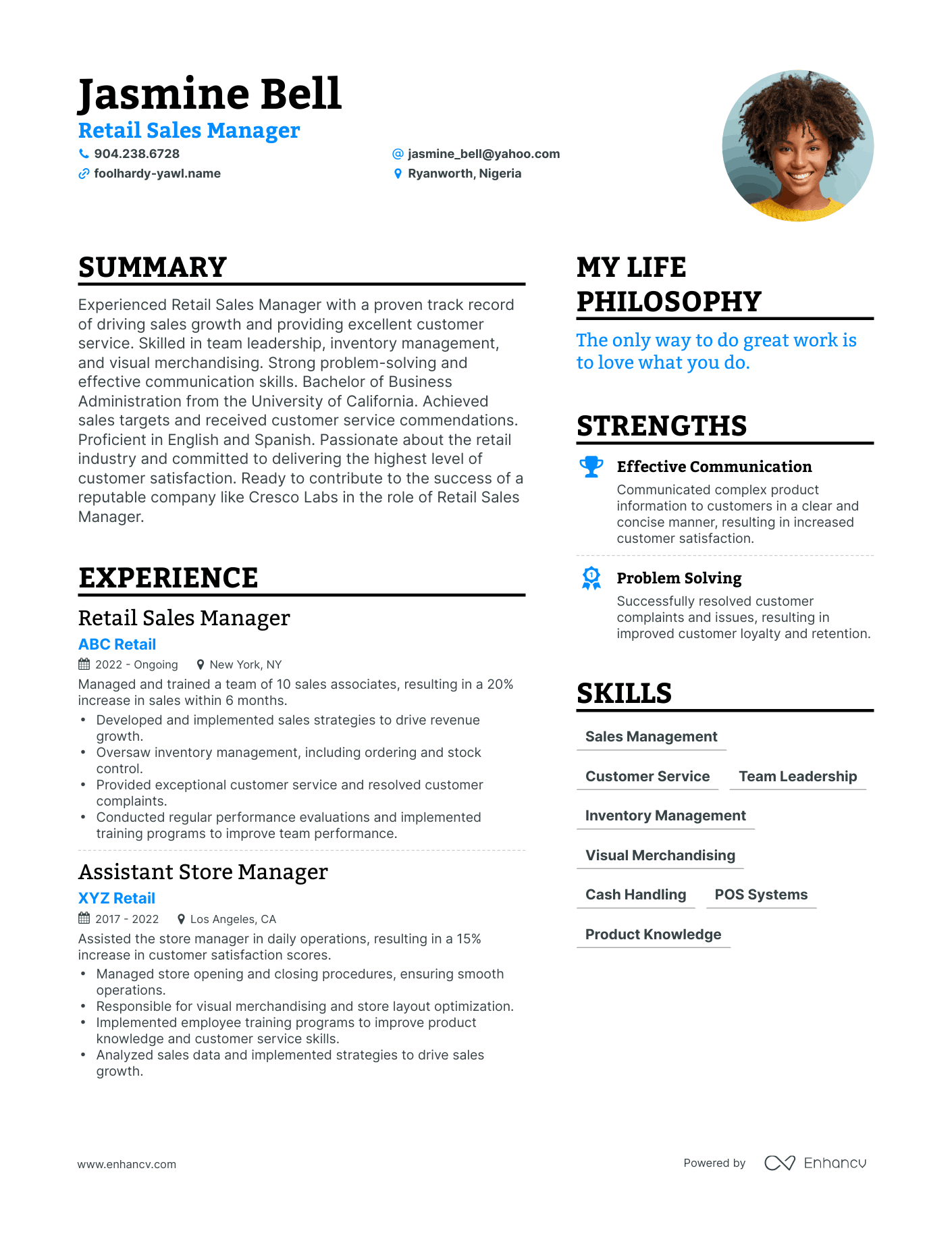 Retail Sales Manager resume example