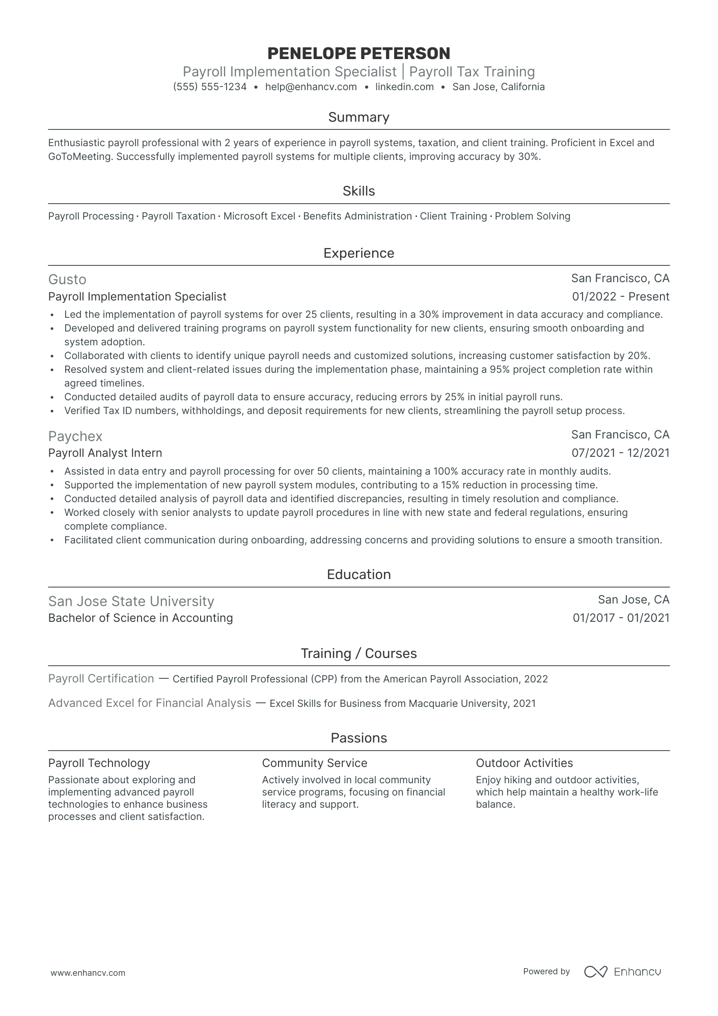 International Payroll Specialist resume example