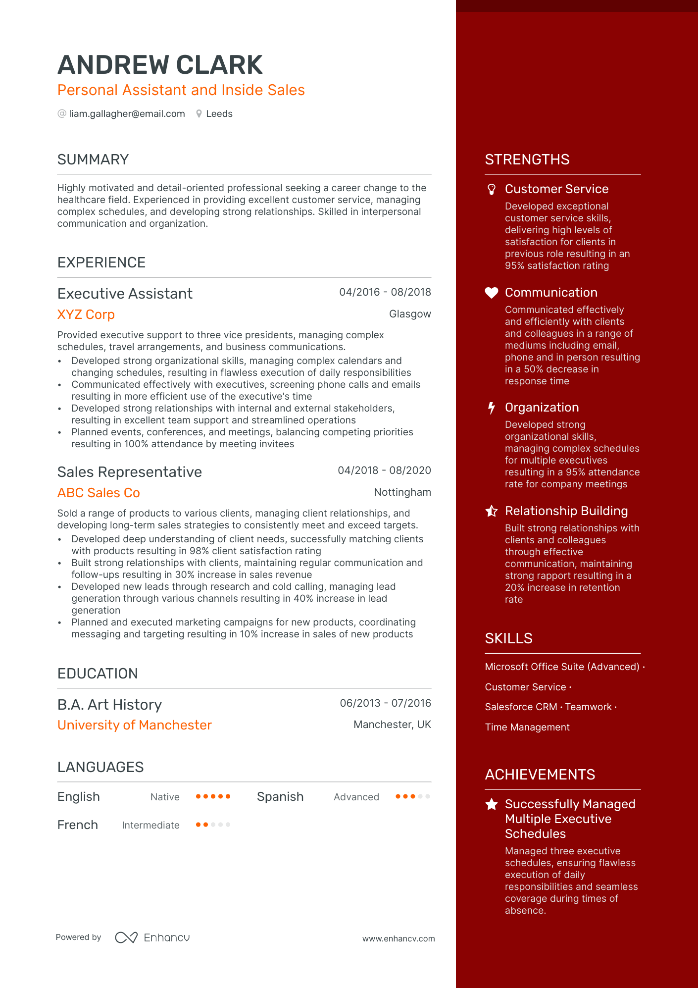 Personal Assistant and Inside Sales CV example