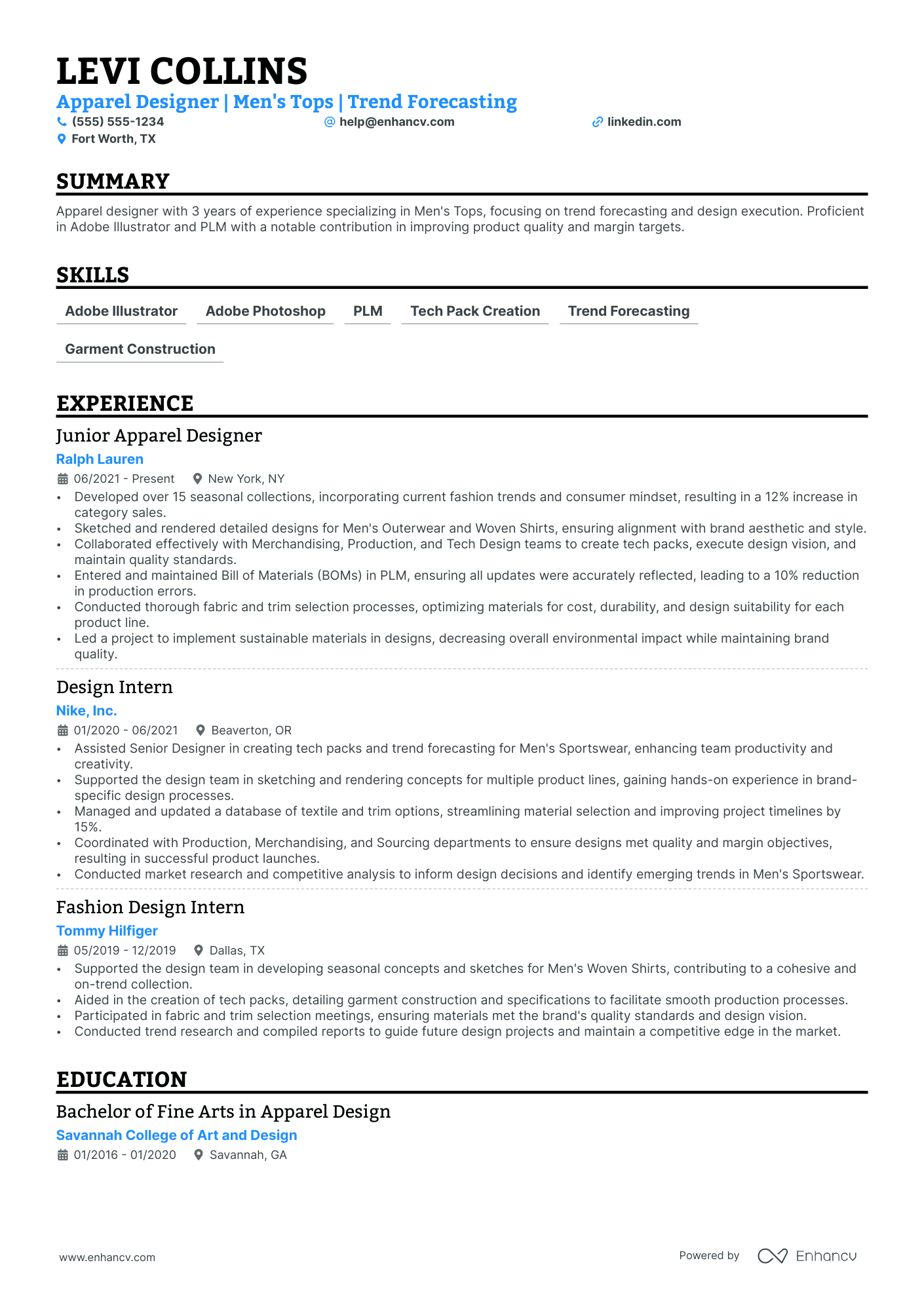 Men's Wear Fashion Designer resume example