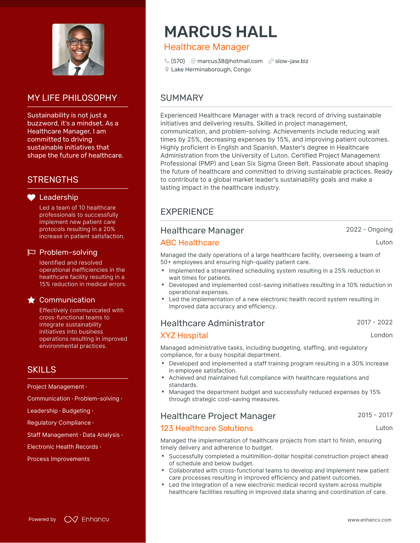Creative Healthcare Manager Resume Example