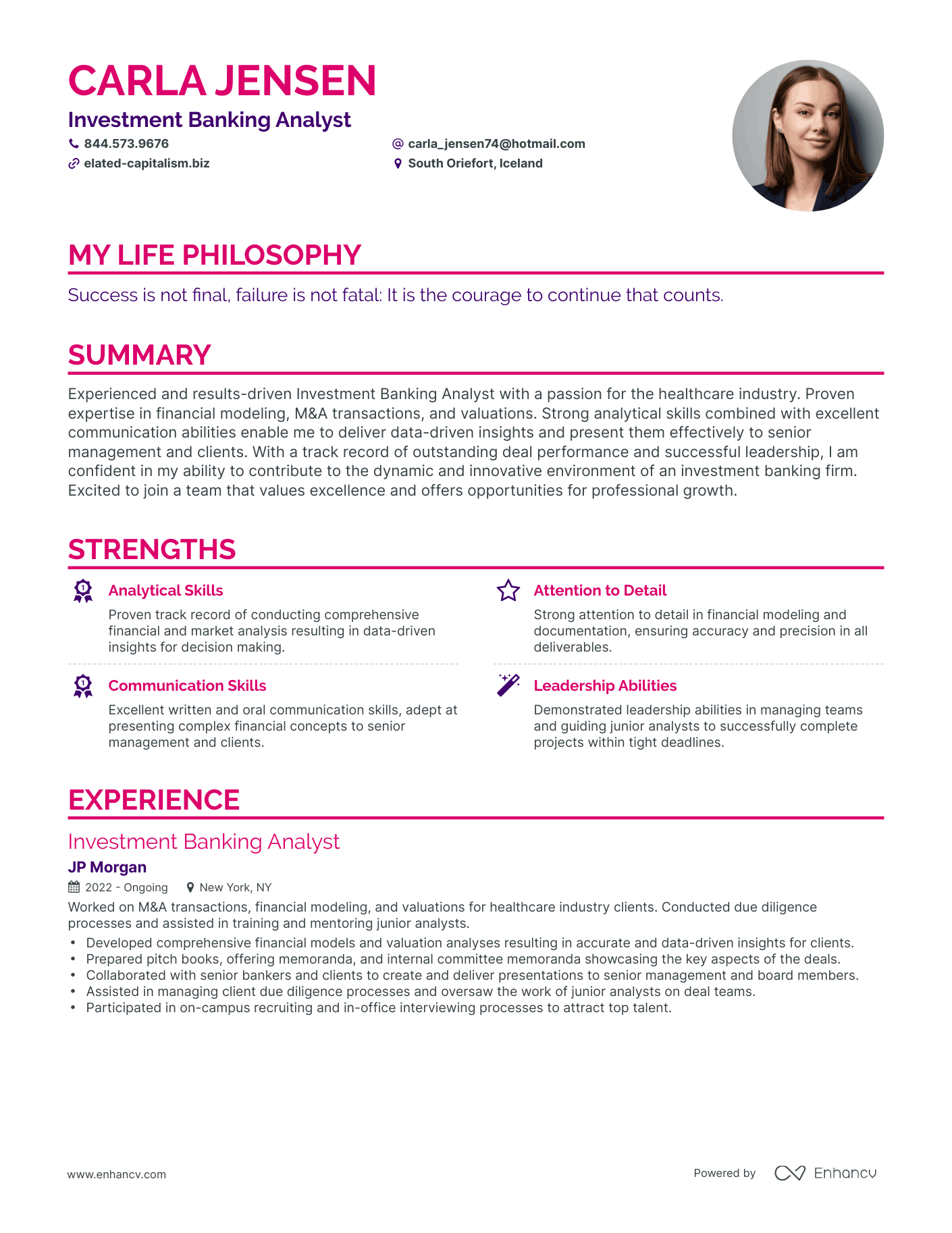 Creative Investment Banking Analyst Resume Example