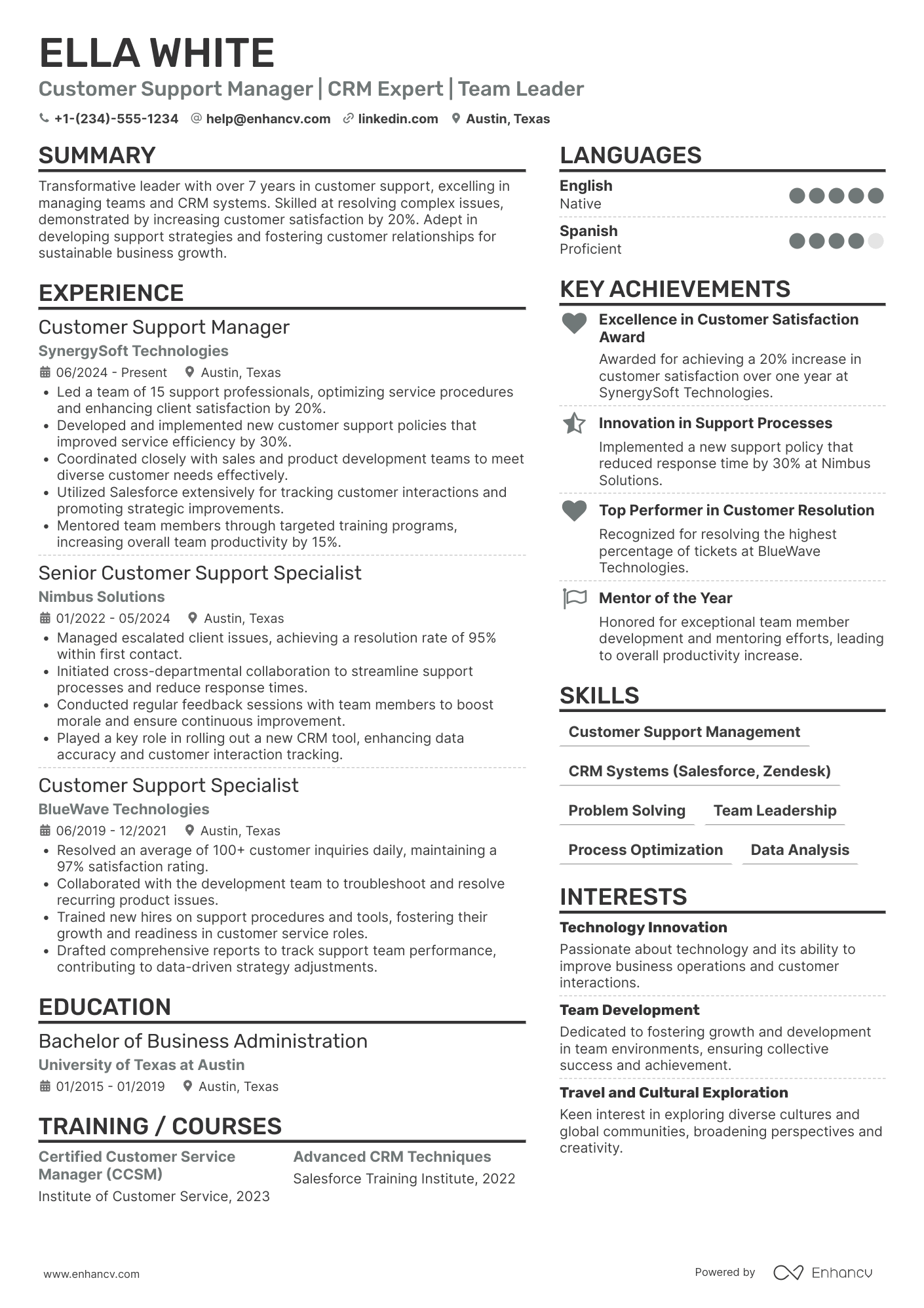 Customer Support Manager resume example