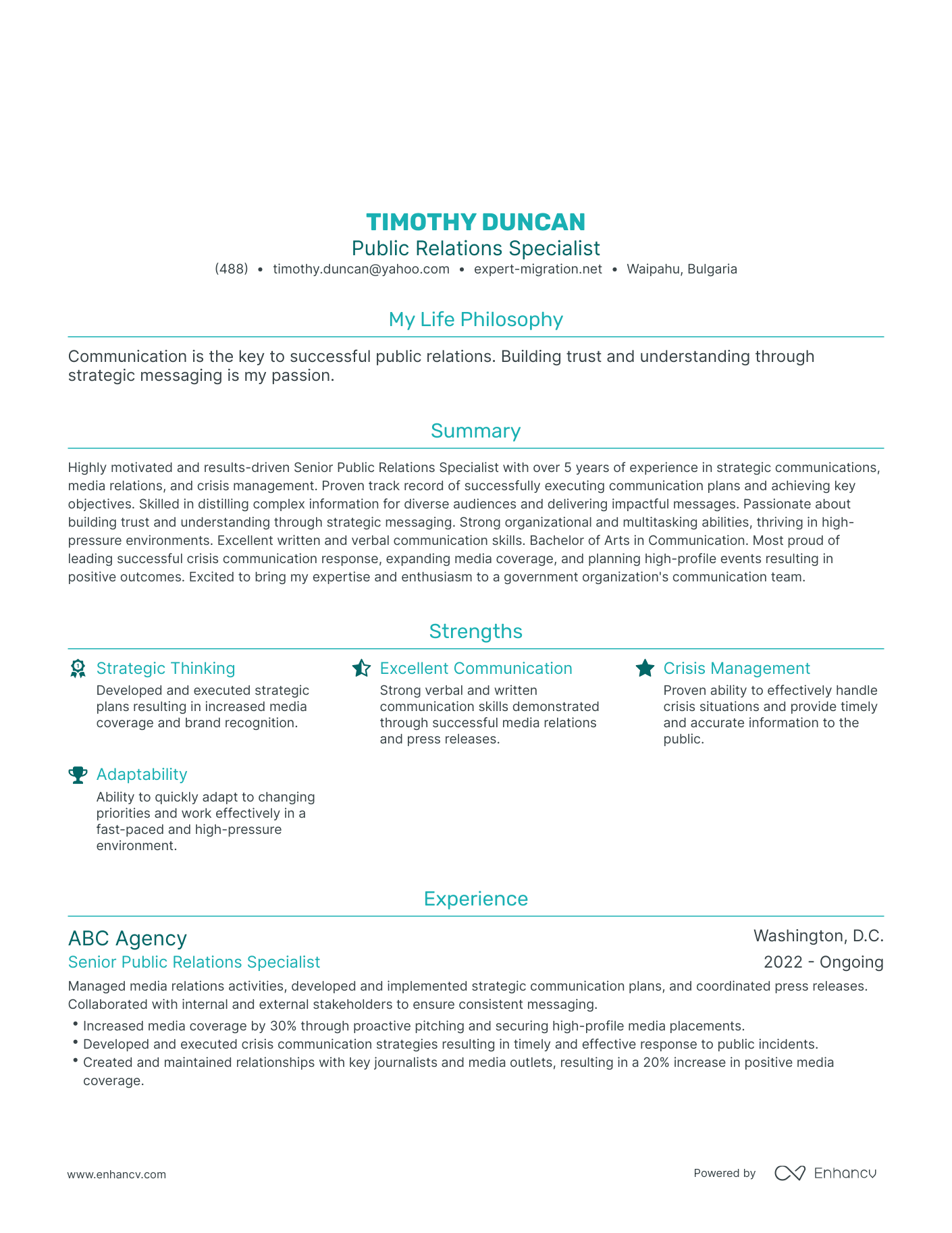 Modern Public Relations Specialist Resume Example