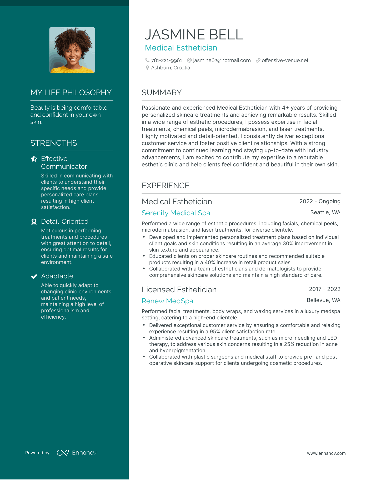 esthetician resume about me examples